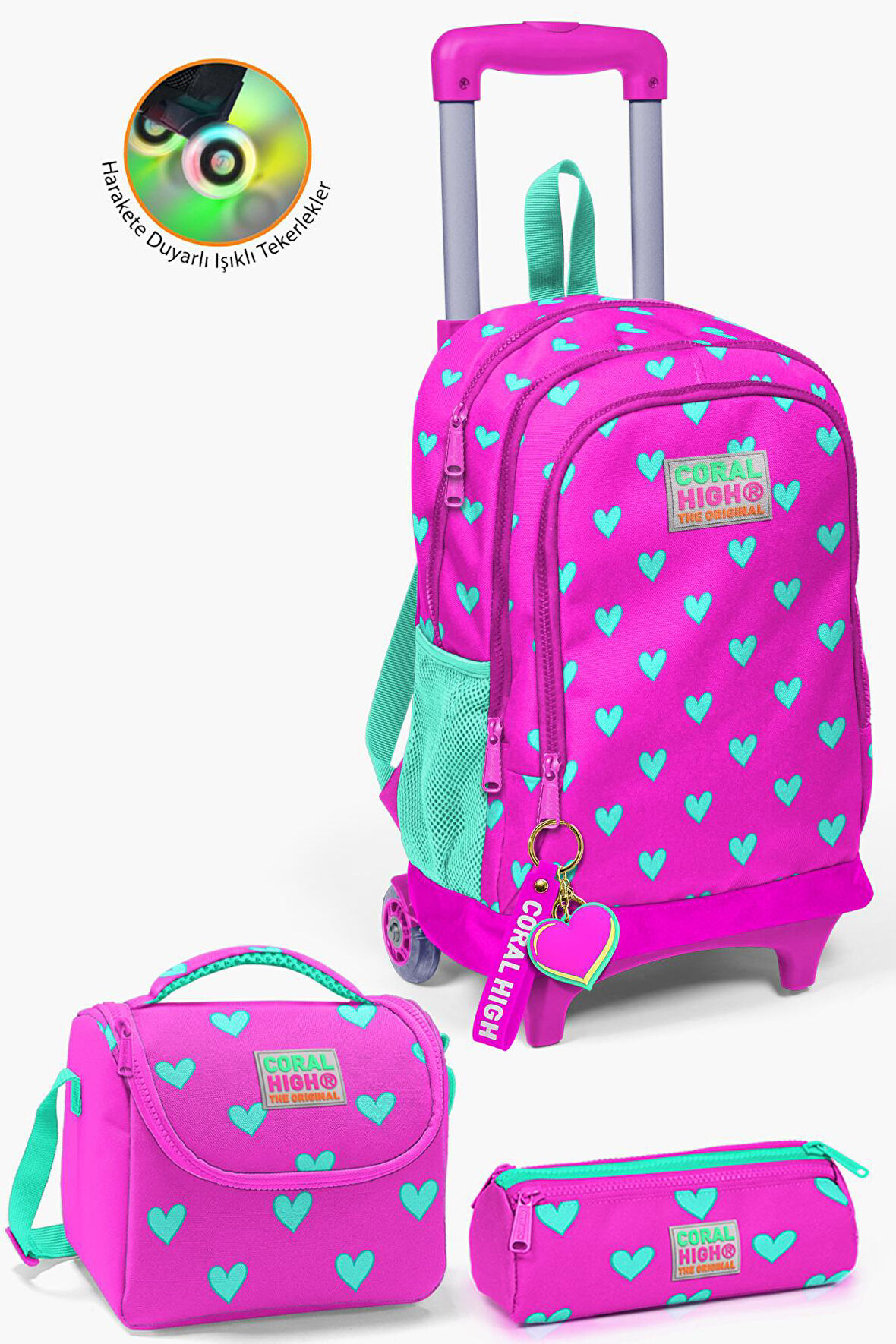 Coral High Kids Neon Pembe Su Yeşili Kalp Desenli Çekçekli 3'lü Çanta Seti SET0123133