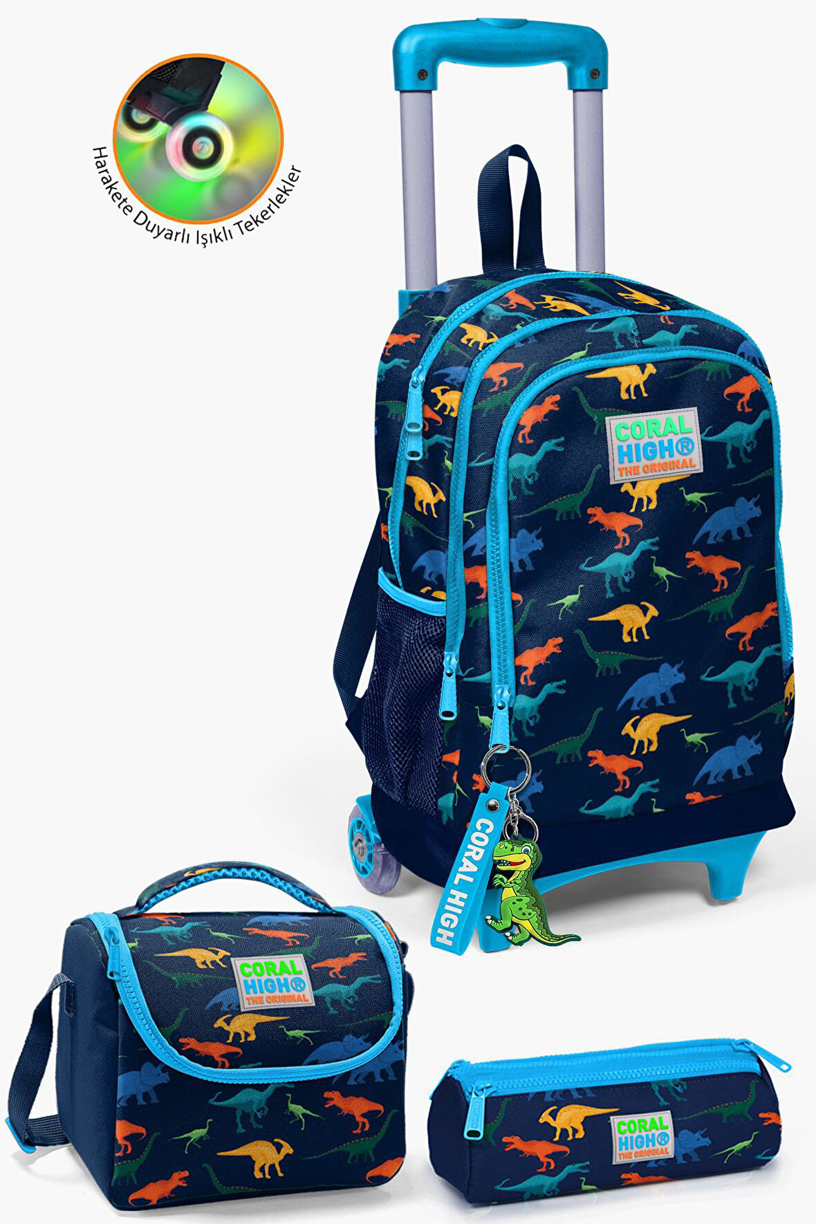 Coral High Kids Lacivert Mavi Dinozor Desenli Çekçekli 3'lü Çanta Seti SET0123135