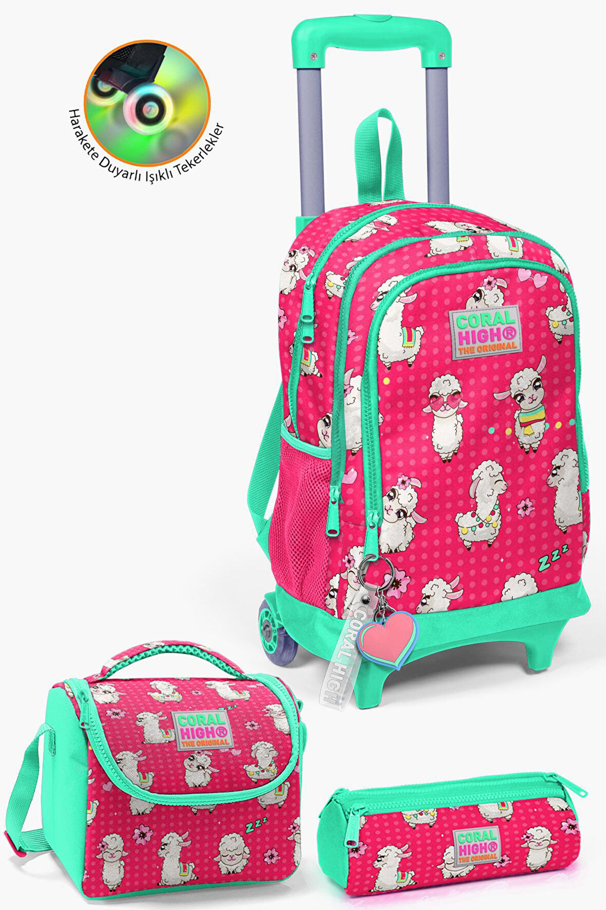 Coral High Kids Neon Mercan Su Yeşili Alpaka Desenli Çekçekli 3'lü Çanta Seti SET0123364