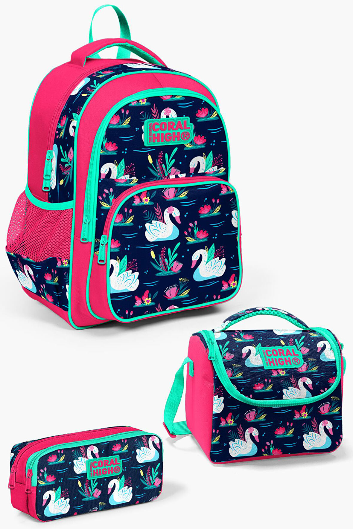 Coral High Kids Neon Mercan Lacivert Kuğu Desenli 3'lü Okul Çanta Seti SET0123402