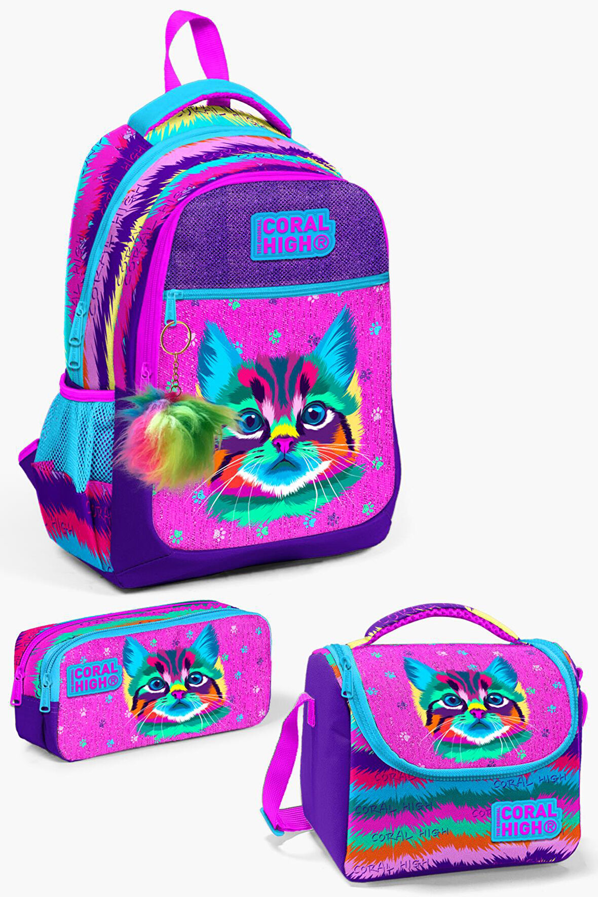 Coral High Kıds Mor Pembe Kedi Desenli 3’lü Okul Çanta Seti SET0123477