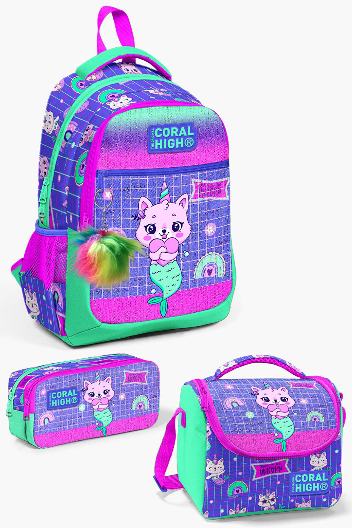Coral High Kids Su Yeşili Lavanta Unicorn Kedi Desenli 3’lü Okul Çanta Seti SET0123478