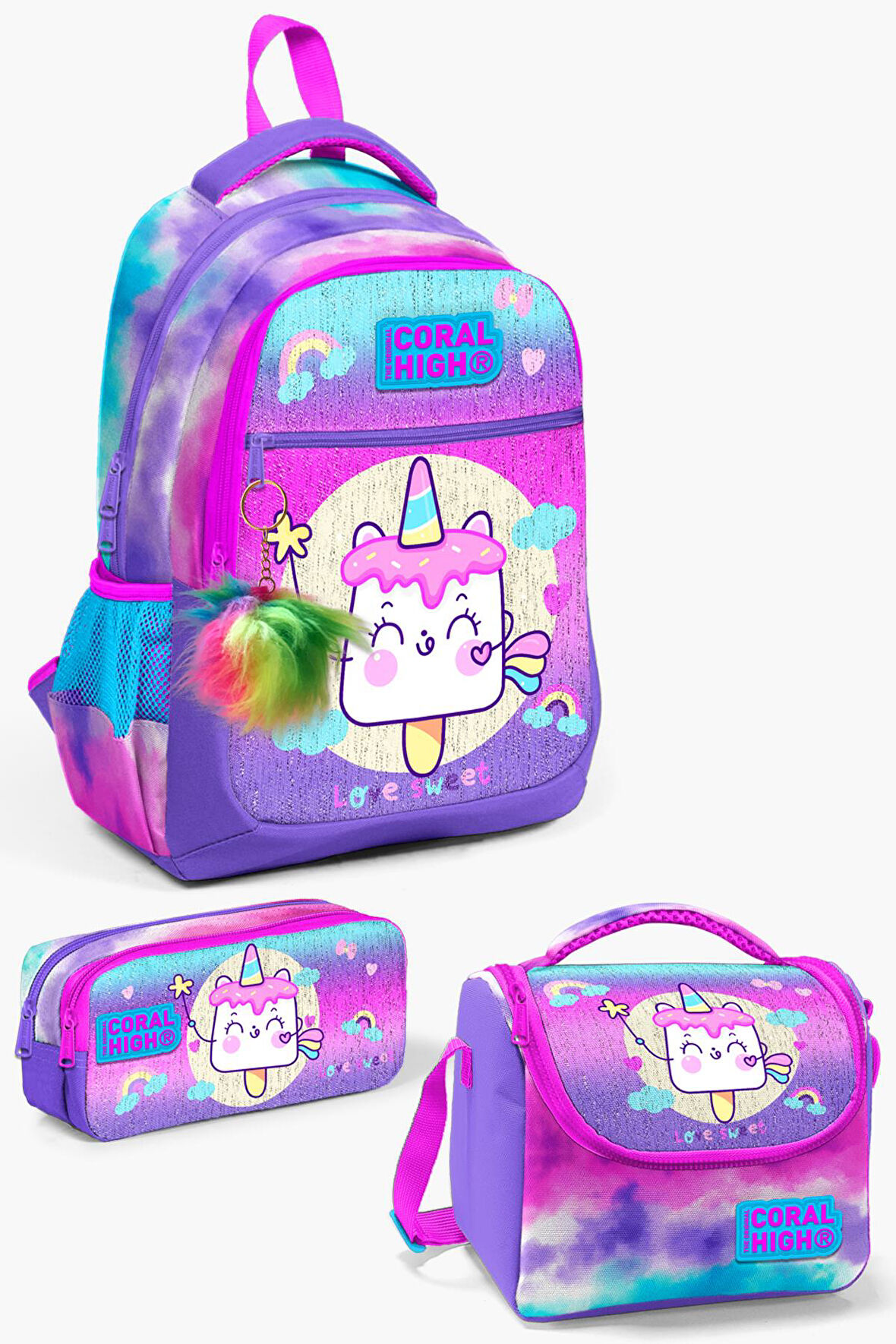Coral High Kids Renkli Batik Unicorn Dondurma Desenli 3’lü Okul Çanta Seti SET0123480