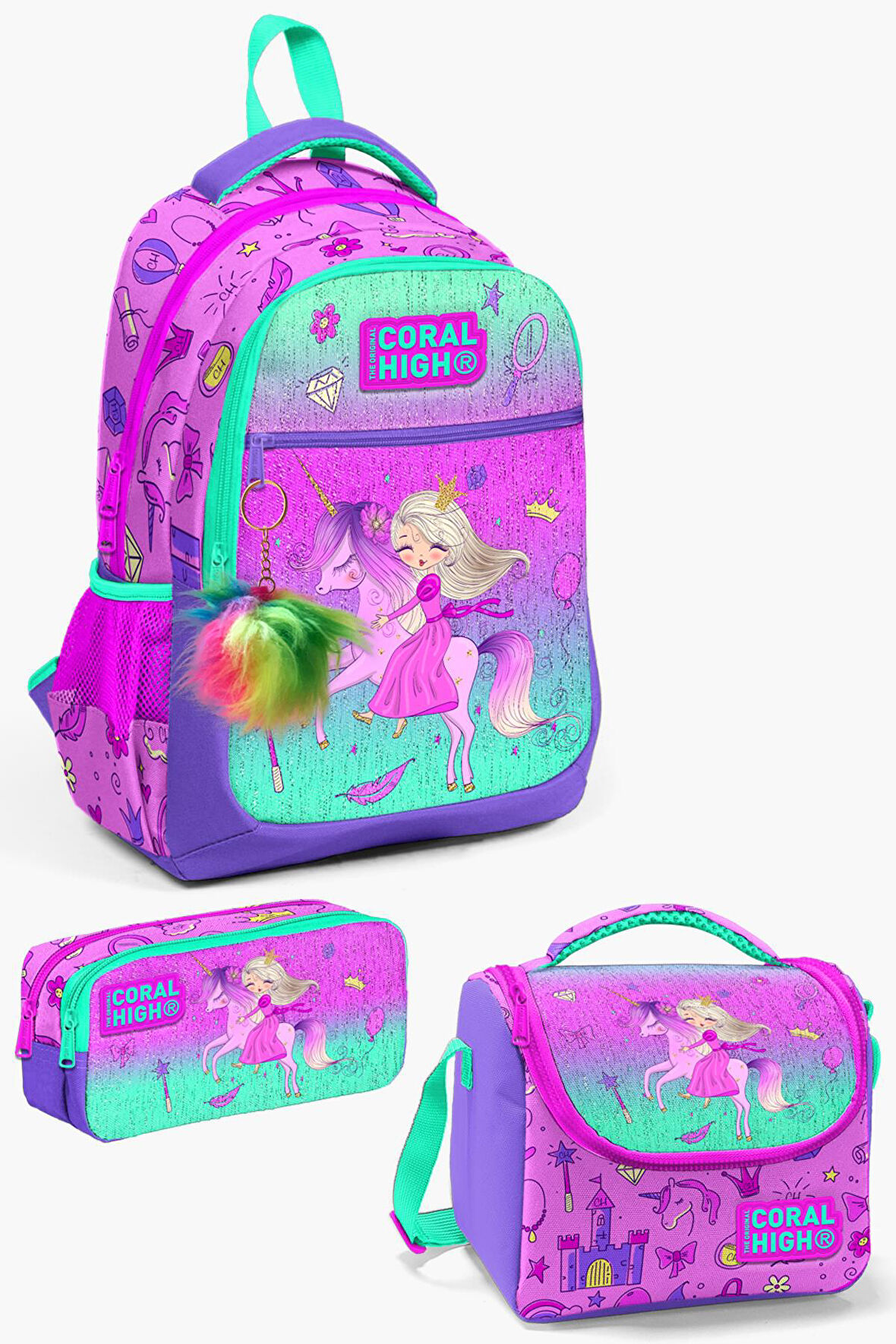 Coral High Kids Açık Pembe Mor Unicornlu Prenses Desenli 3’lü Okul Çanta Seti SET0123481