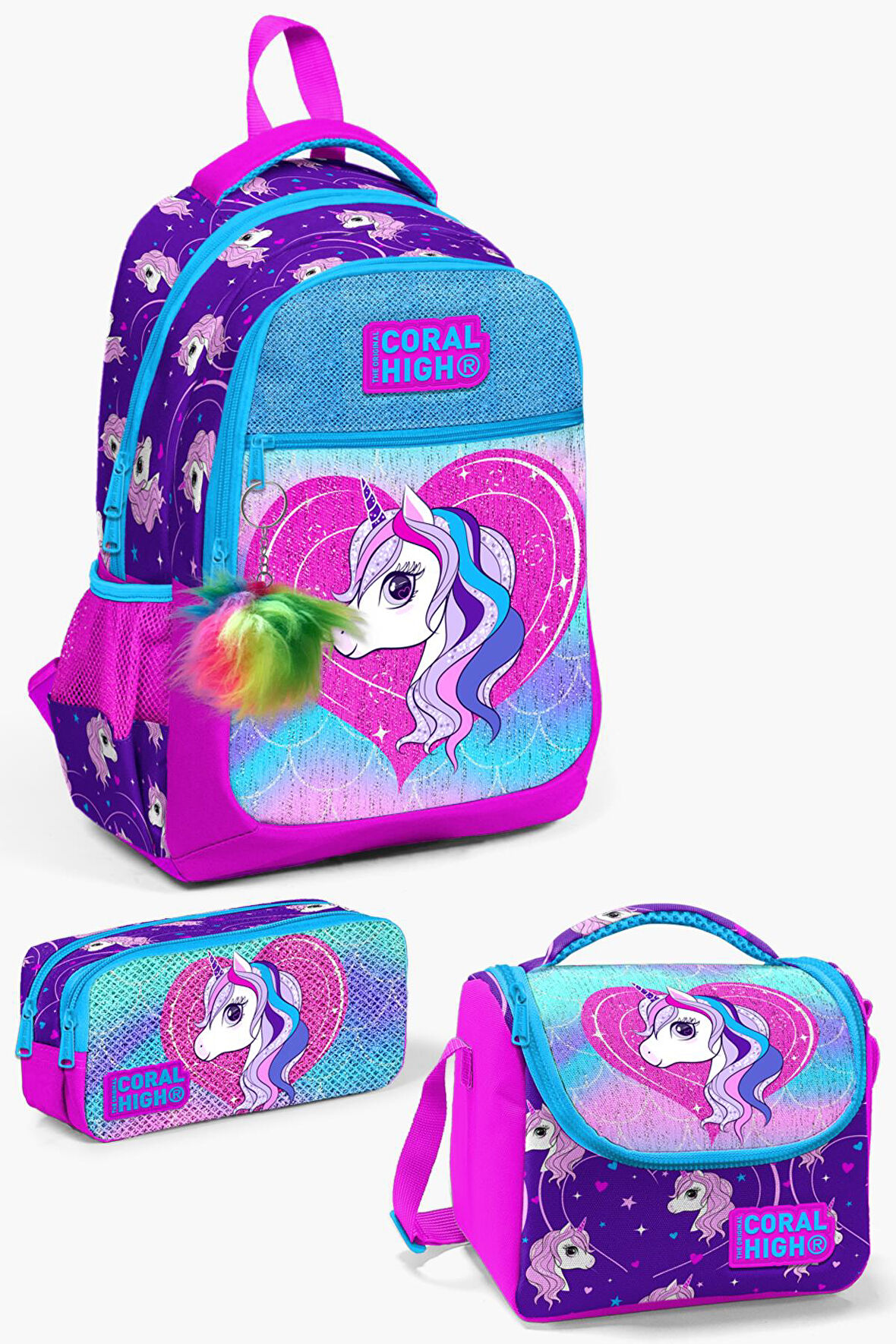 Coral High Kids Mor Pembe Unicorn Desenli 3’lü Okul Çanta Seti SET0123492