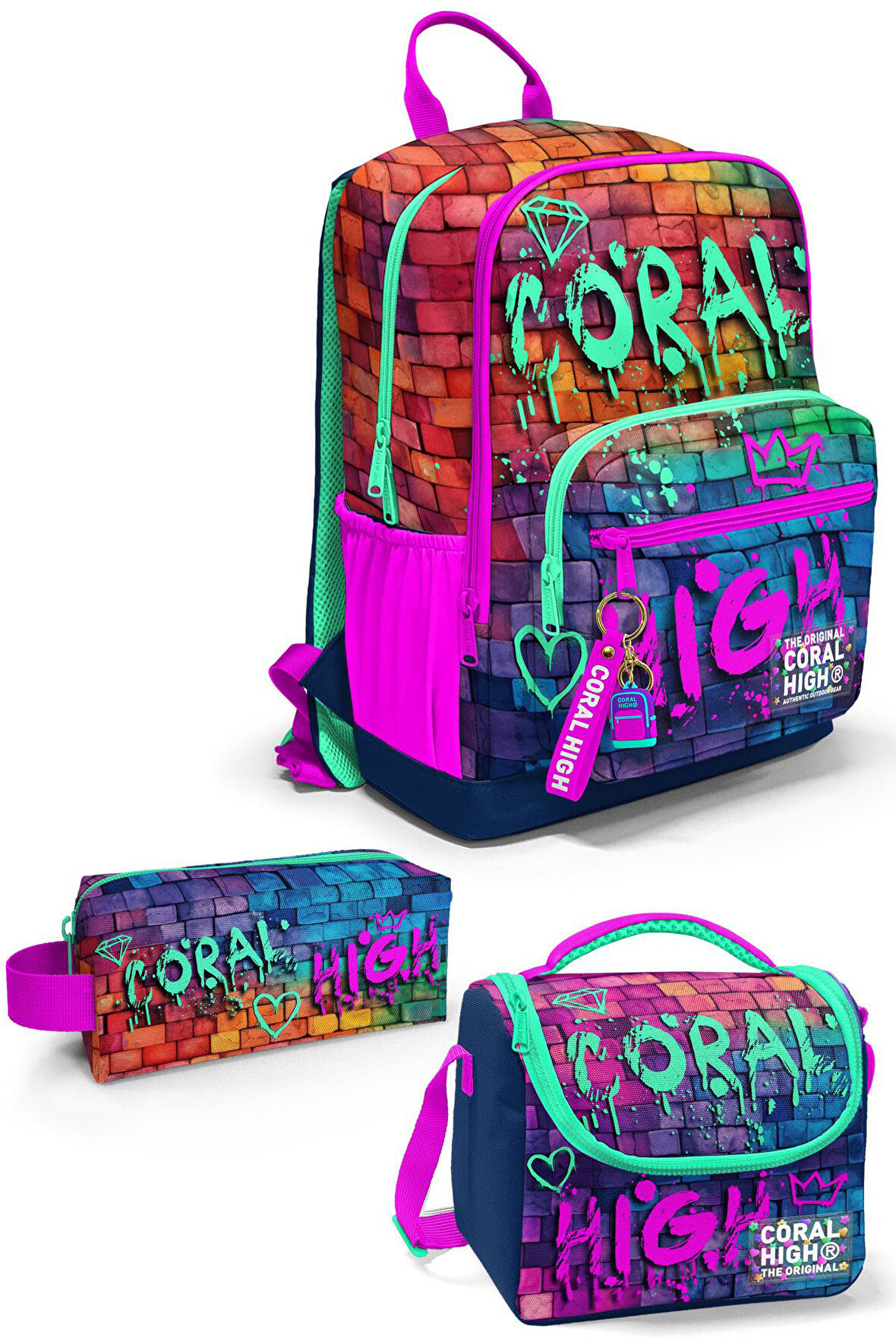 Coral High Pembe Lacivert Grafiti Yazılı 3’lü Okul Çanta Seti SET0123629