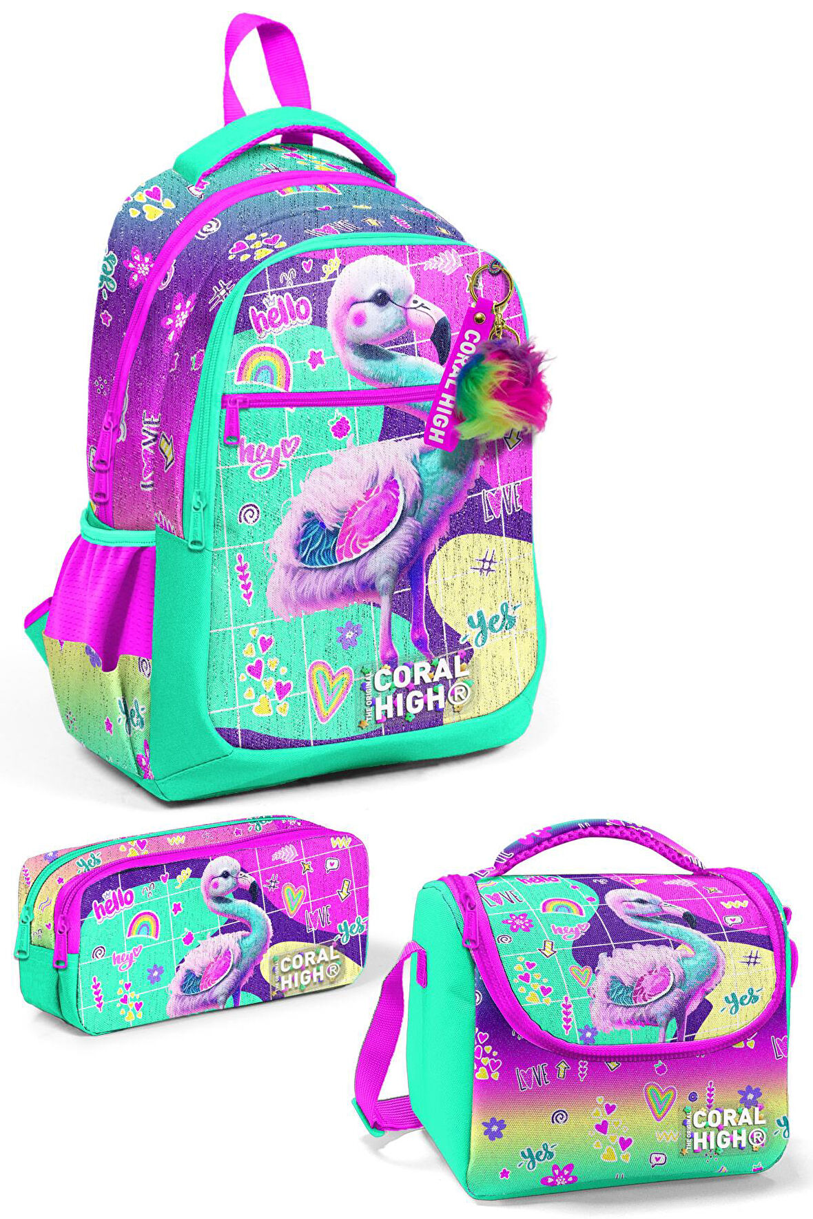 Coral High Kids Pembe Su Yeşili Flamingo Desenli 3’lü Okul Çanta Seti SET0123647