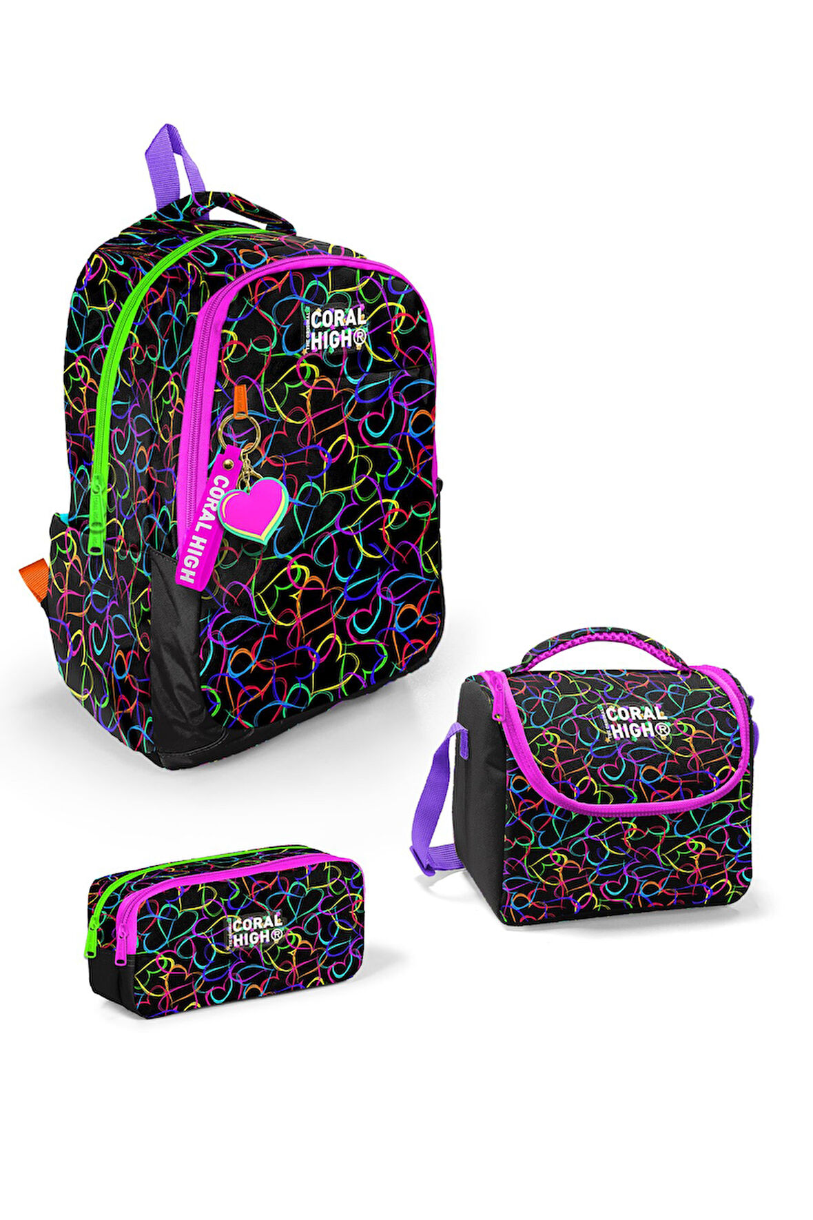 Coral High Kids Çok Renkli Kalp Desenli 3’lü Okul Çanta Seti SET0123670