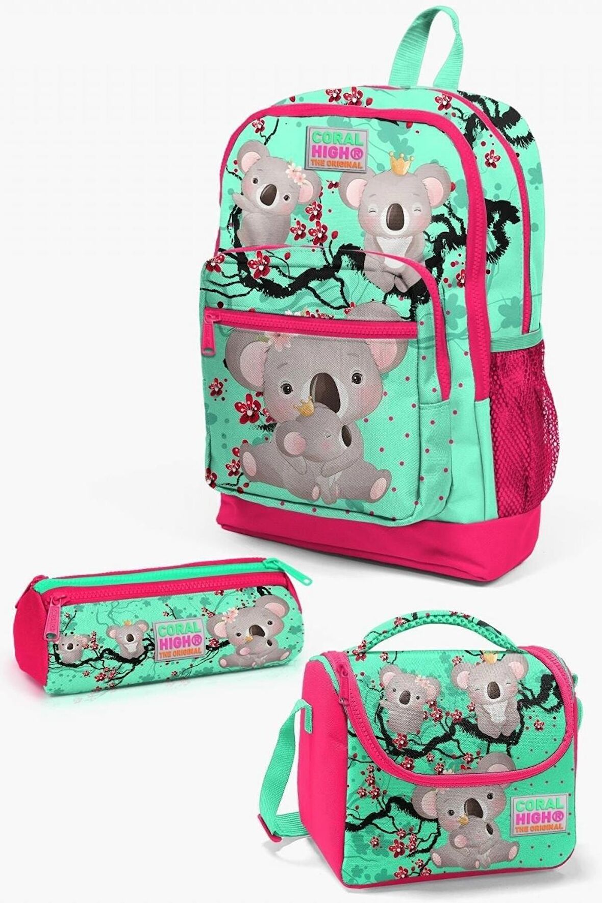 Coral High Kids Su Yeşili Neon Mercan Koala Desenli 3’lü İlkokul Çanta Seti - Kız Çocuk