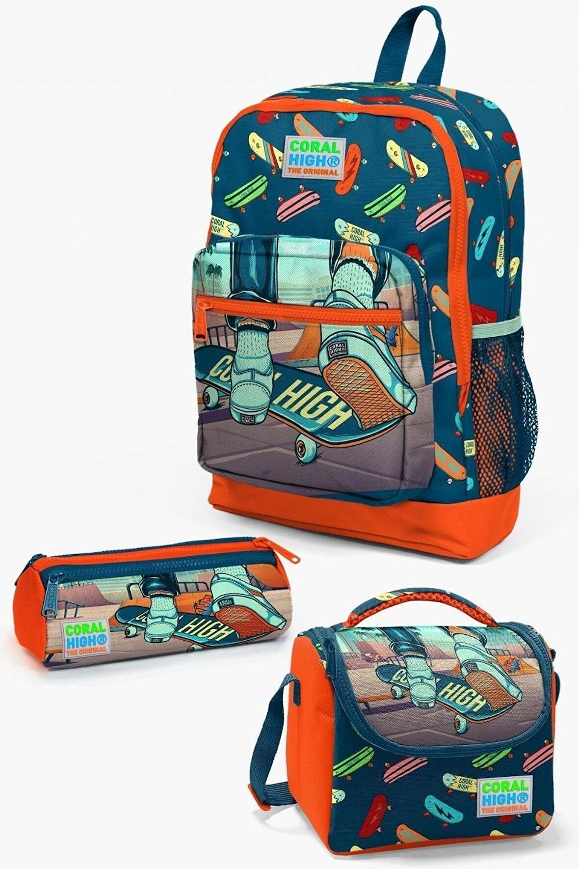 Coral High Kids Civit Neon Turuncu Kaykay Desenli 3’lü Okul Çanta Seti - Erkek Çocuk