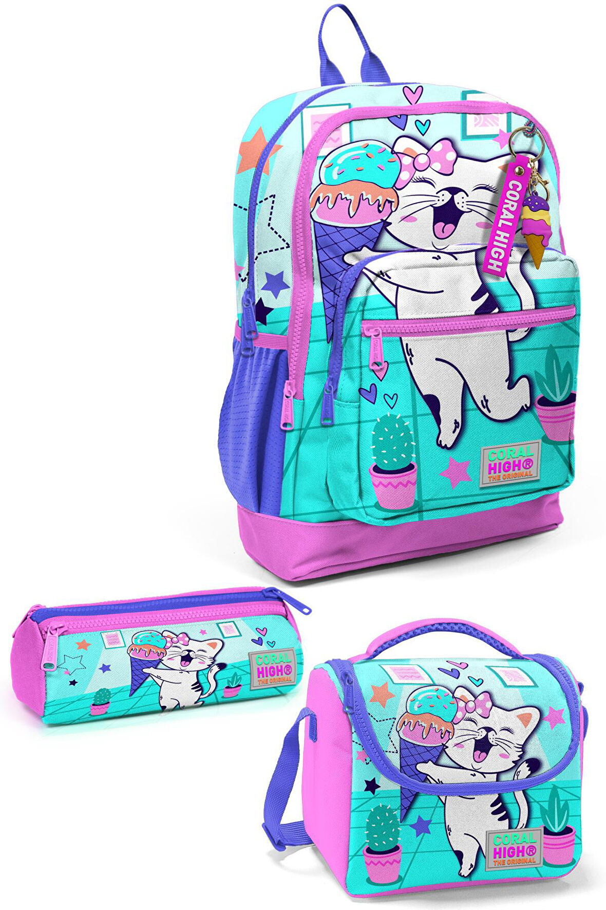 Coral High Kids Turkuaz Pembe Dondurmalı Kedi Desenli 3’lü Okul Çanta Seti SET0123751