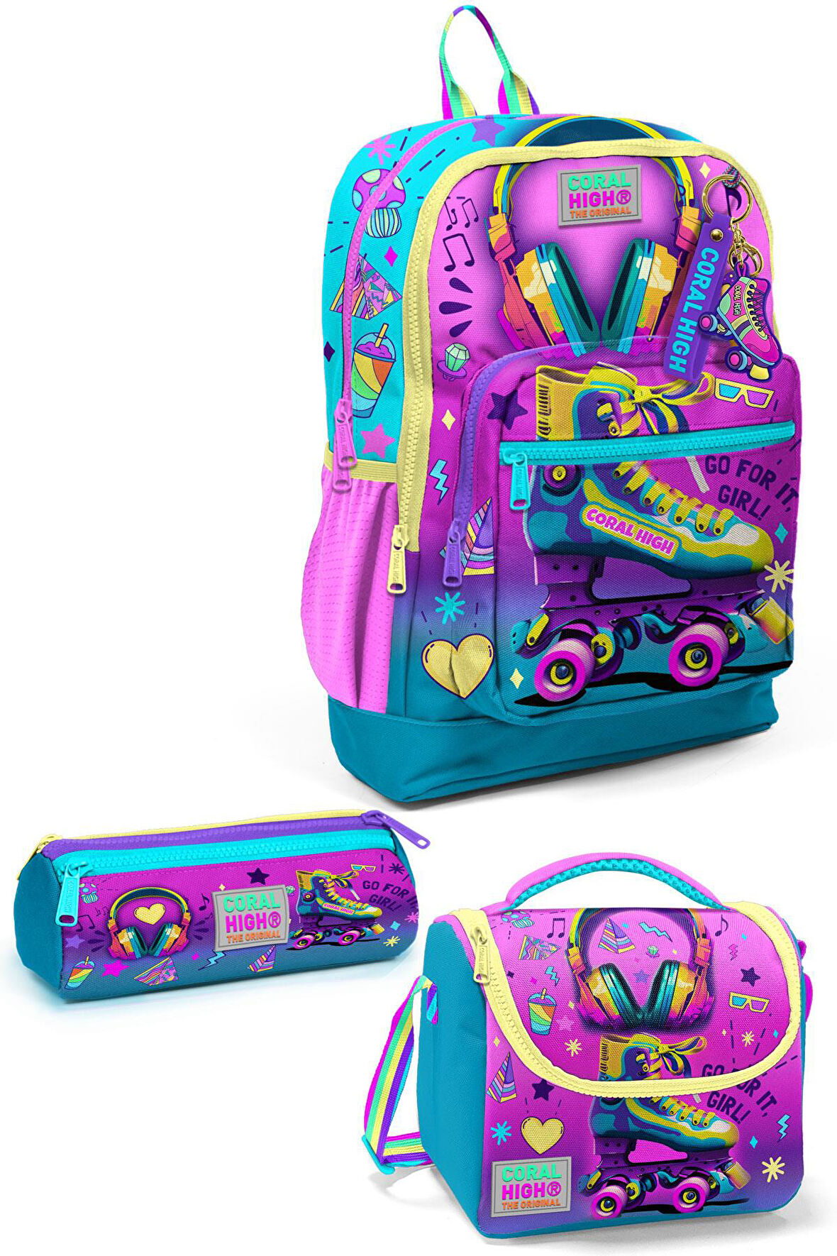 Coral High Kids Pembe Turkuaz Kulaklık Paten Desenli 3’lü Okul Çanta Seti SET0123754