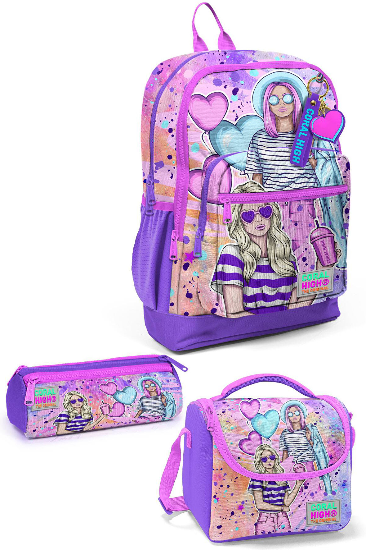 Coral High Kids Pembe Mor Fashion Girl Desenli 3’lü Okul Çanta Seti SET0123755