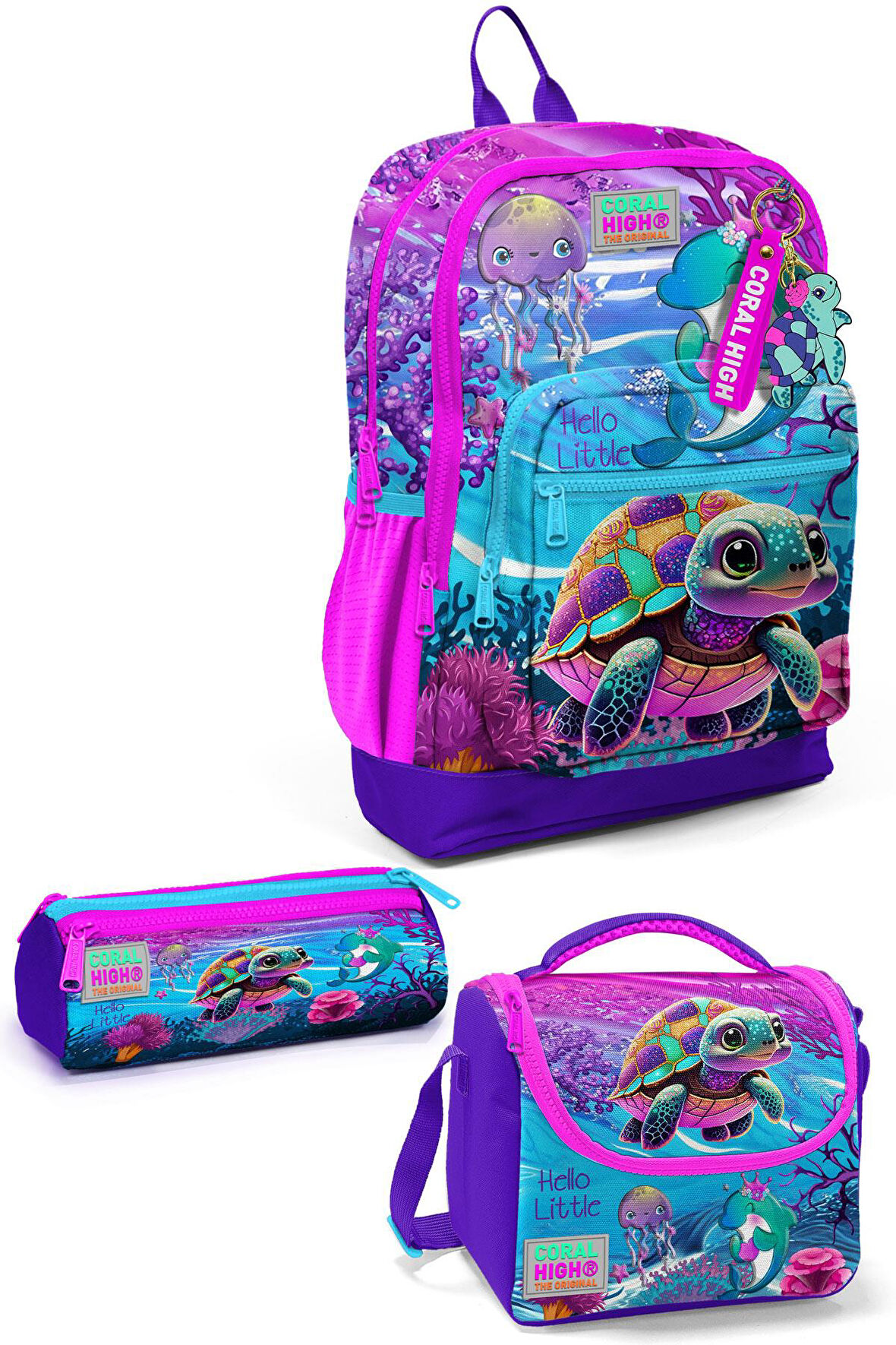 Coral High Kids Pembe Mor Kaplumbağa Desenli 3’lü Okul Çanta Seti SET0123756