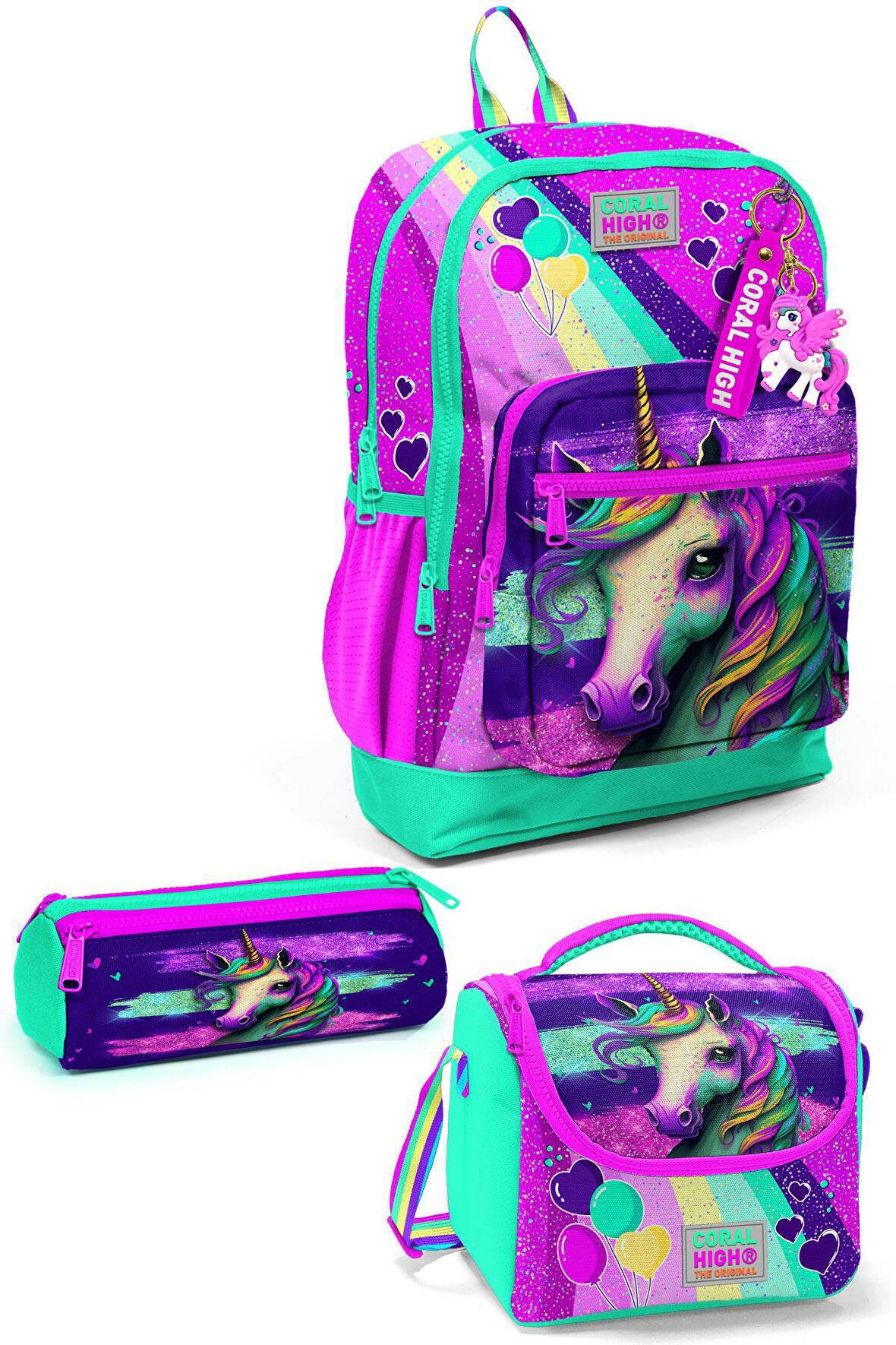 Coral High Kids Pembe Su Yeşili Unicorn Desenli 3’lü Okul Çanta Seti SET0123758