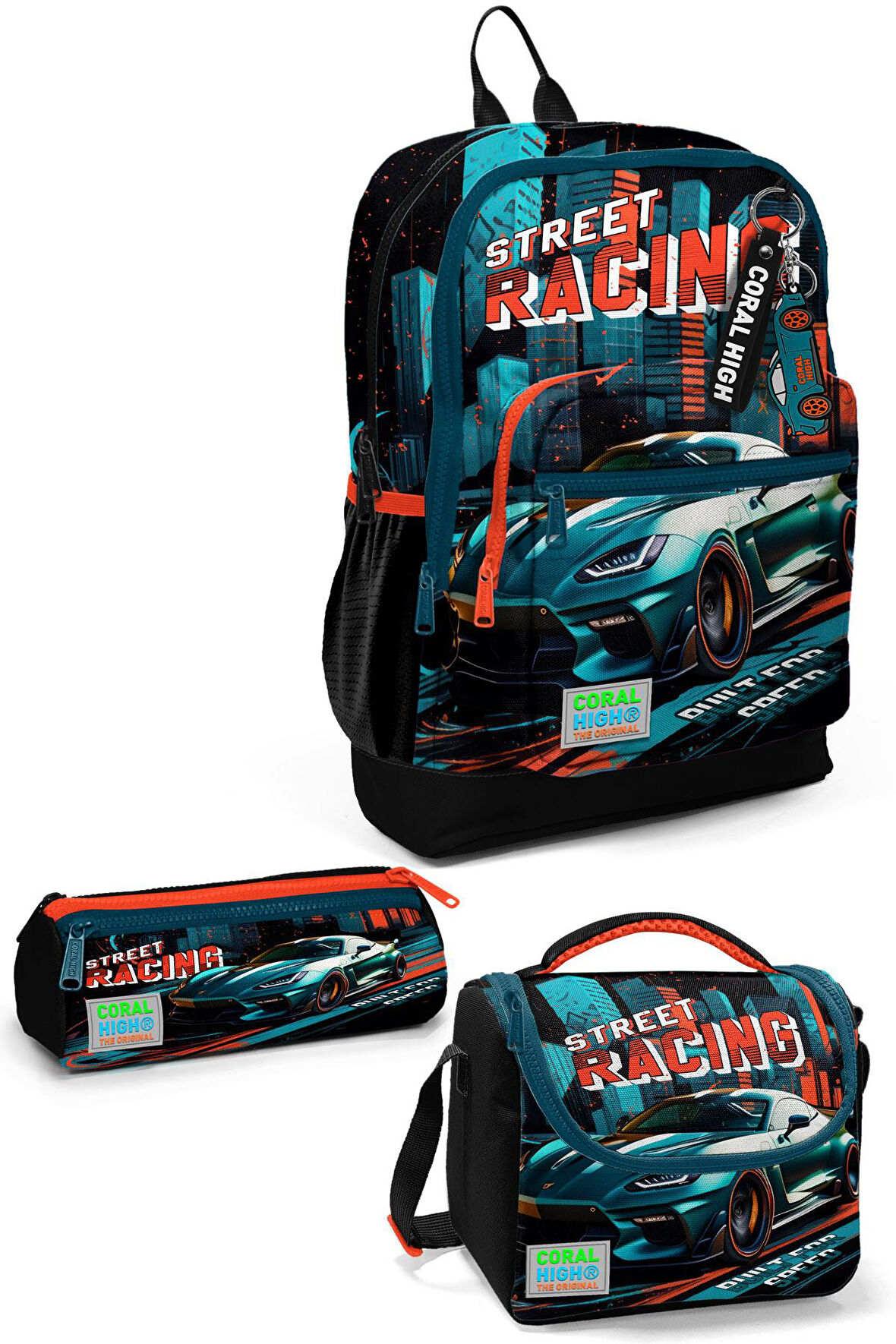 Coral High Kids Siyah Nefti Yarış Arabası Desenli 3’lü Okul Çanta Seti SET0123765