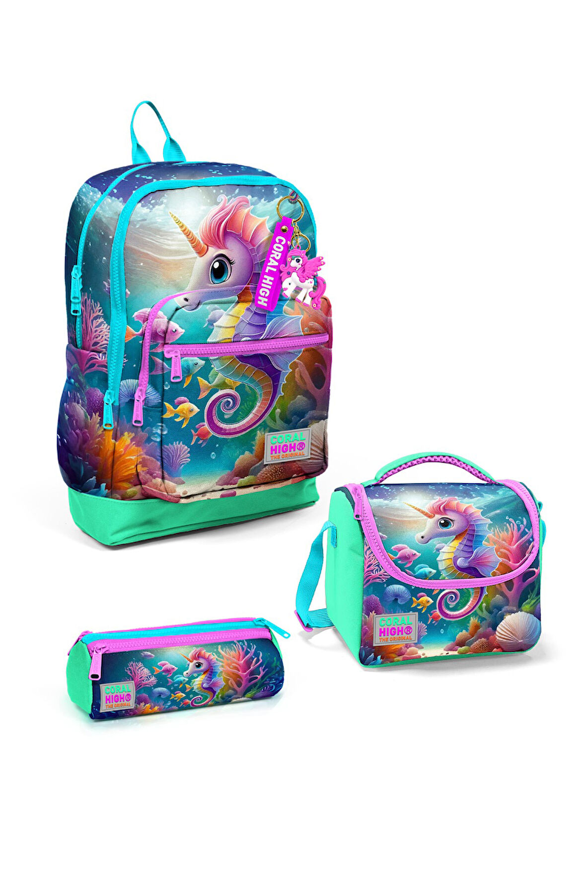 Coral High Kids Mavi Su Yeşili Denizatı Desenli 3’lü Okul Çanta Seti SET0123772