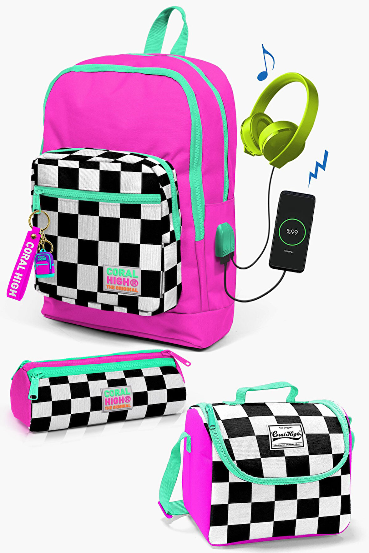 Coral High Kids Neon Pembe Dama Desenli USB'li 3’lü Okul Çanta Seti SET0123801