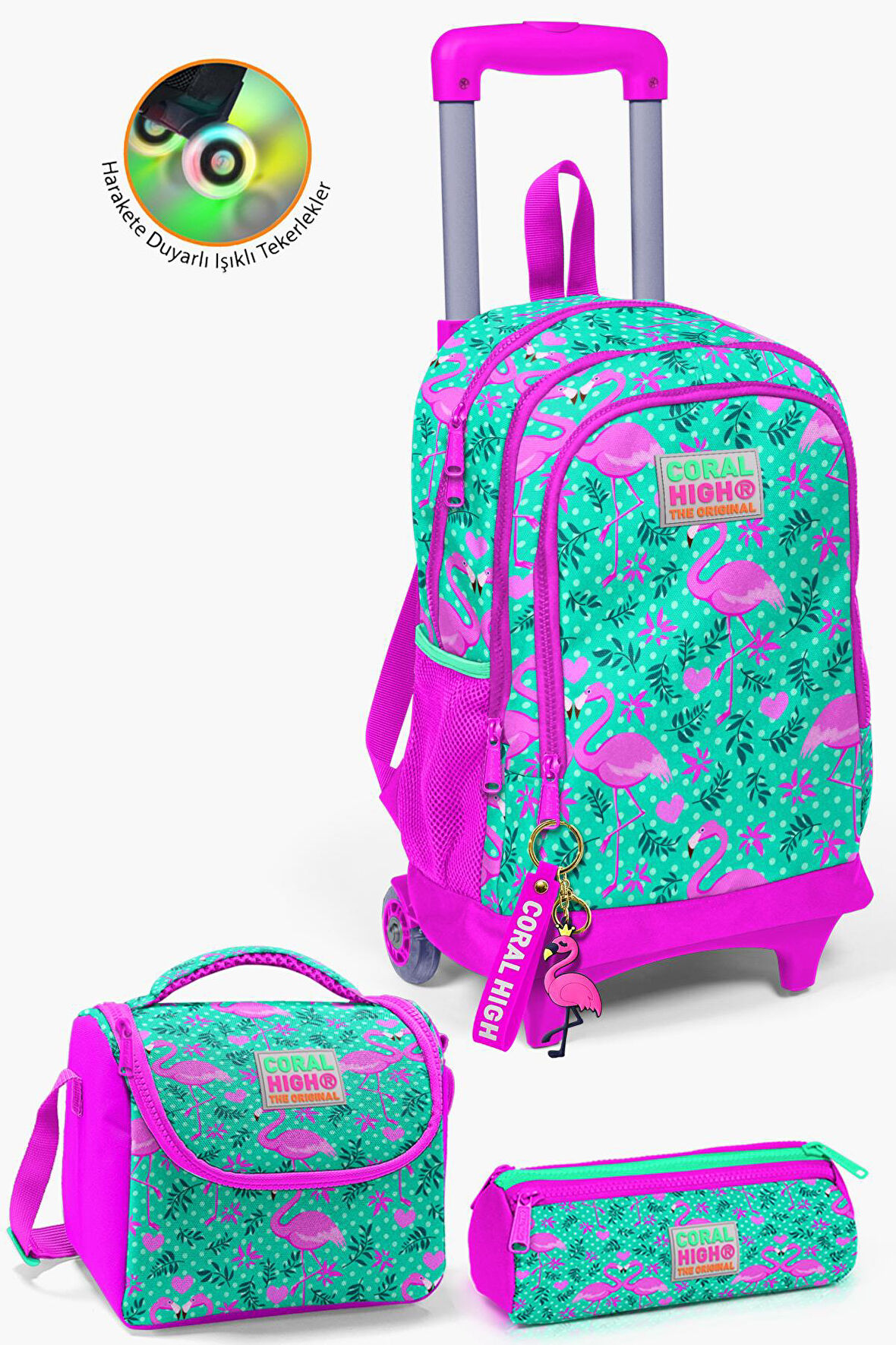 Coral High Kids Su Yeşili Pembe Flamingo Desenli Çekçekli 3’lü Okul Çanta Seti SET0123912