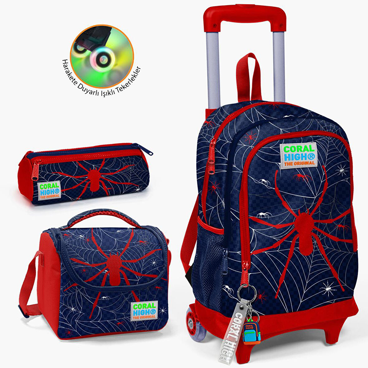 Coral High Kids Lacivert Kırmızı Örümcek Desenli Çekçekli 3'lü Çanta Seti SET0123920