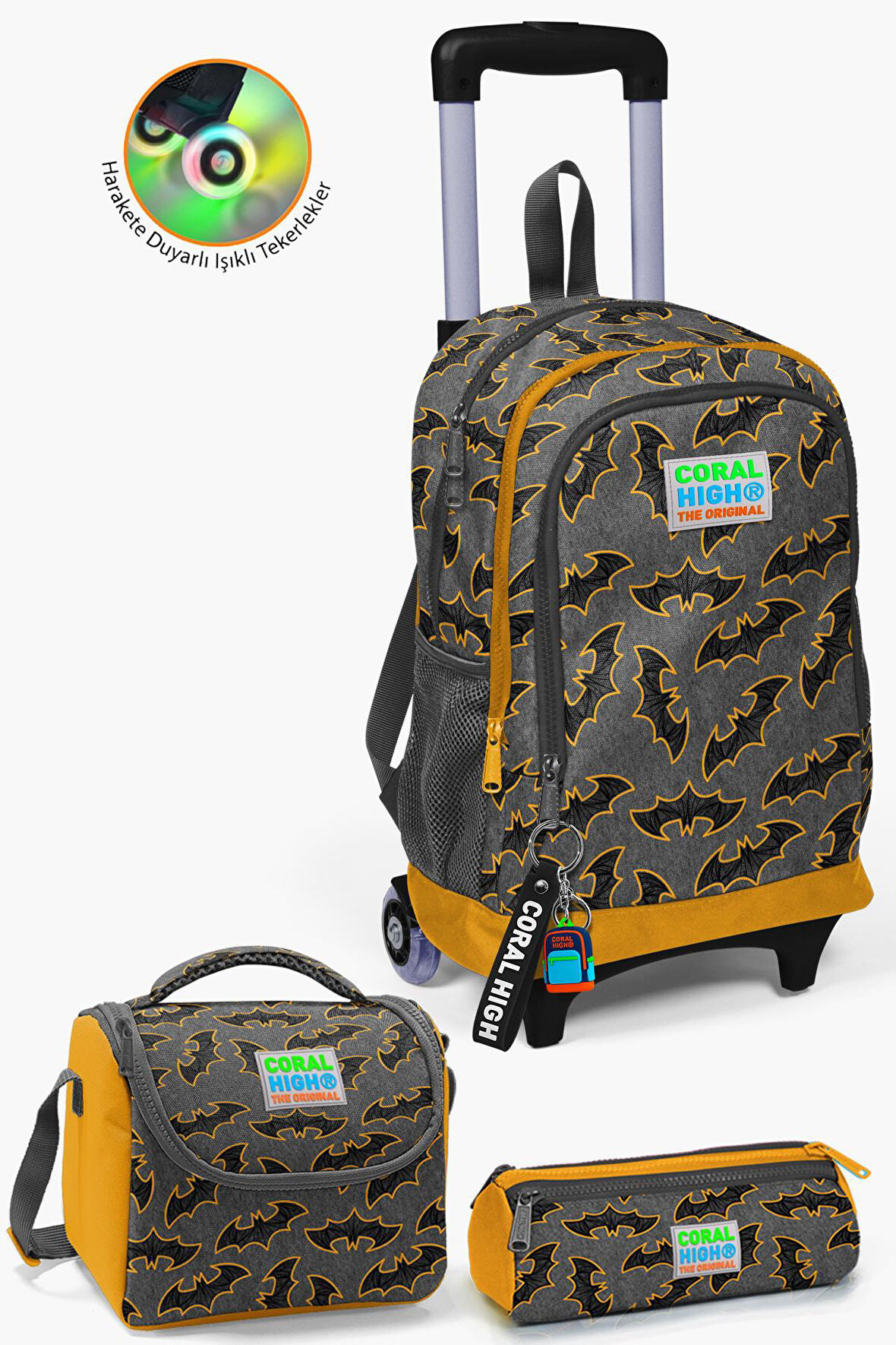 Coral High Kids Koyu Gri Hardal Yarasa Desenli Çekçekli 3'lü Çanta Seti SET0123921