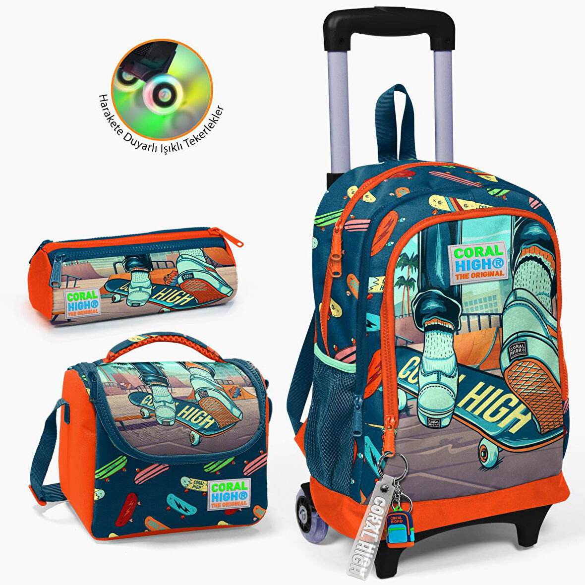 Coral High Kids Civit Neon Turuncu Kaykay Desenli Çekçekli 3'lü Çanta Seti SET0123923
