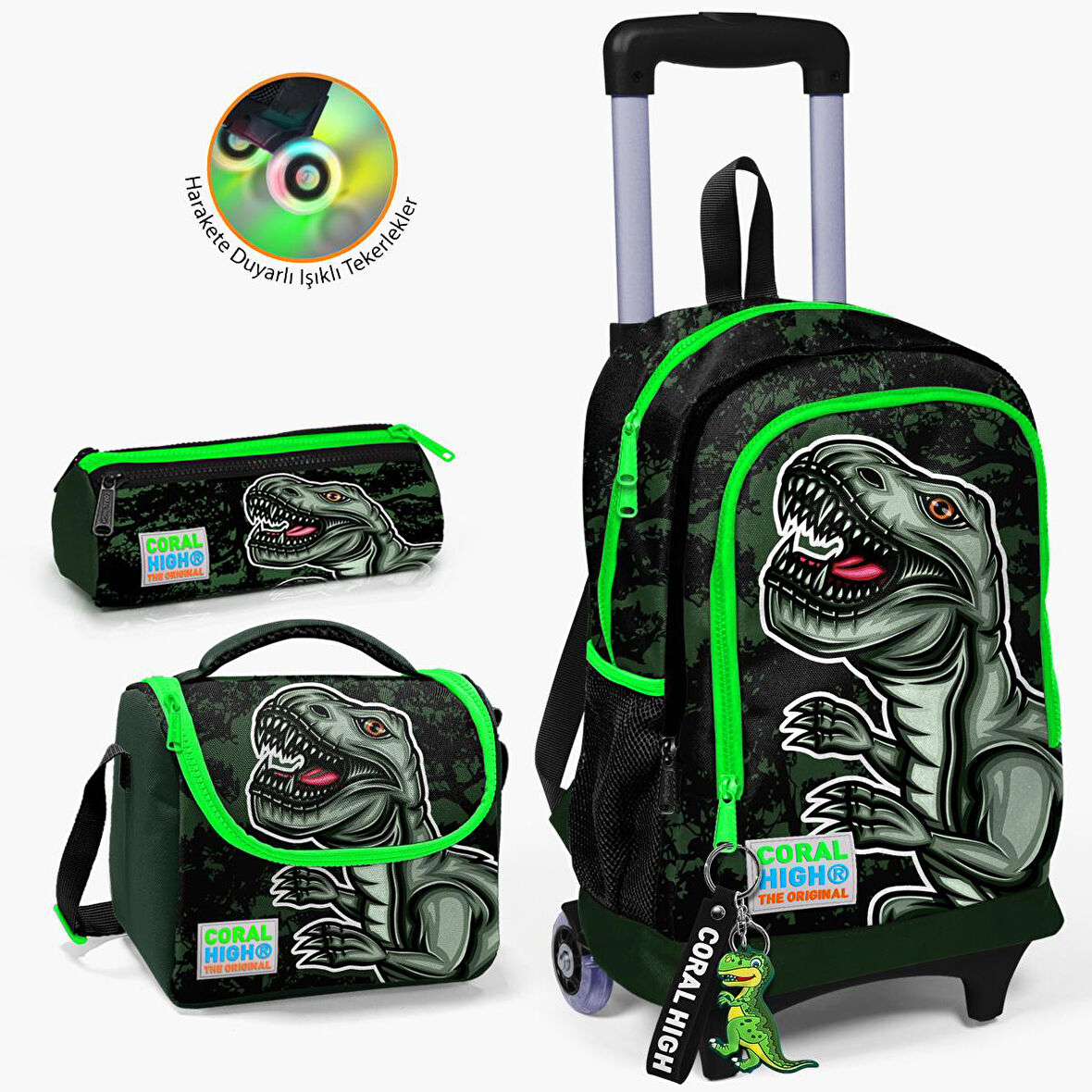 Coral High Kids Koyu Yeşil Siyah Dinazor Desenli Çekçekli 3'lü Çanta Seti SET0123925