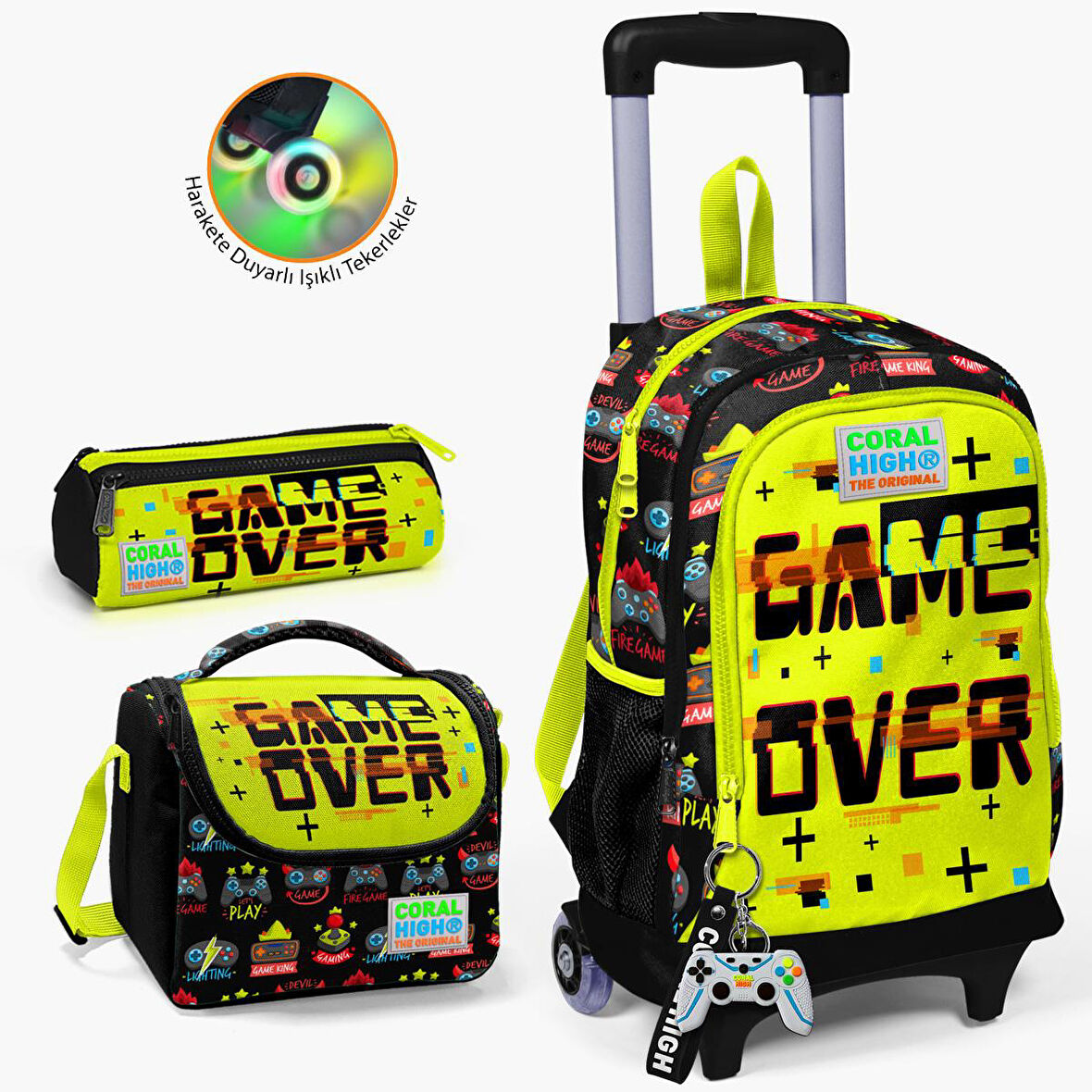 Coral High Kids Siyah Neon Sarı Game Over Desenli Çekçekli 3'lü Çanta Seti SET0123928