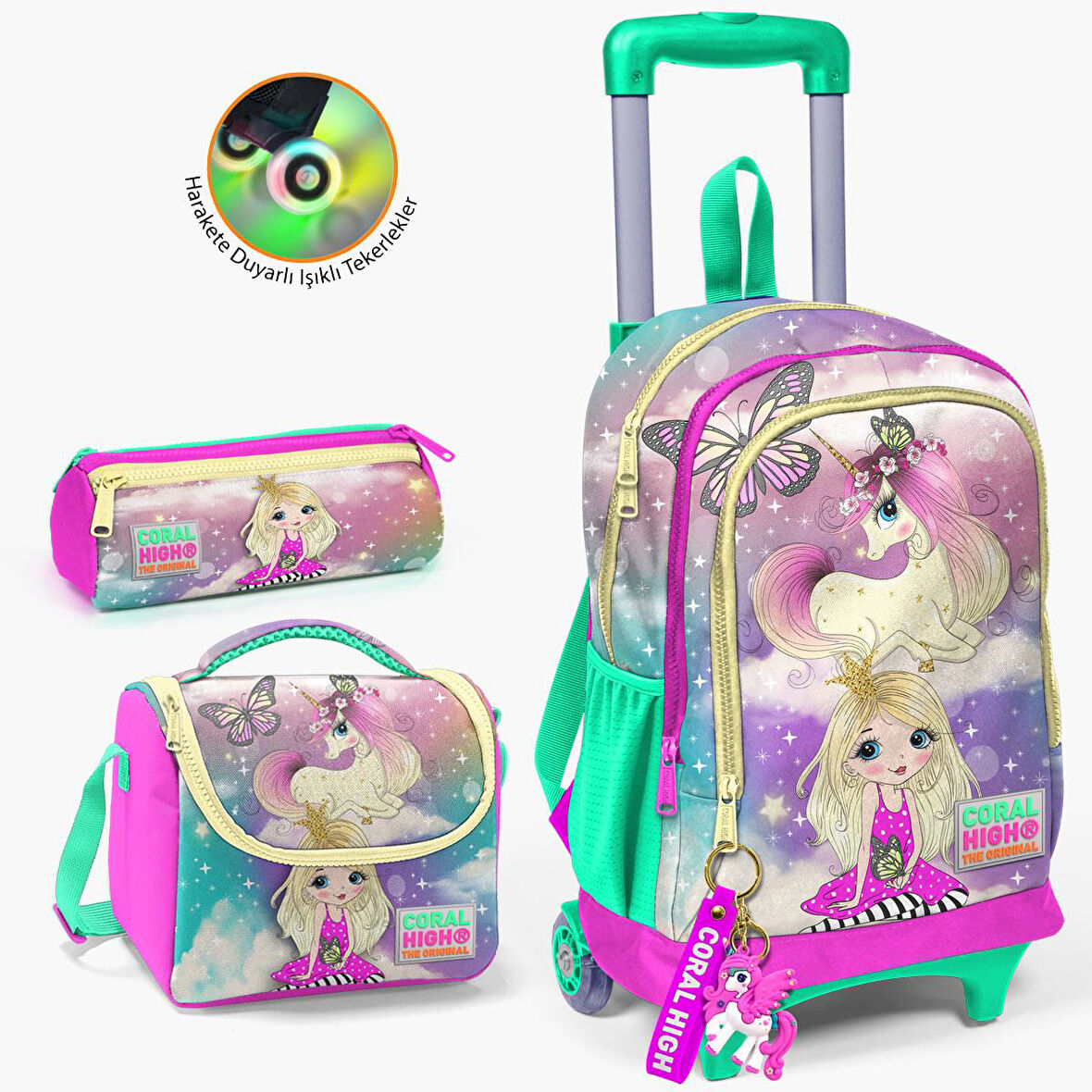 Coral High Kids Pembe Su Yeşili Unicornlu Kız Desenli Çekçekli 3’lü Okul Çanta Seti SET0123933