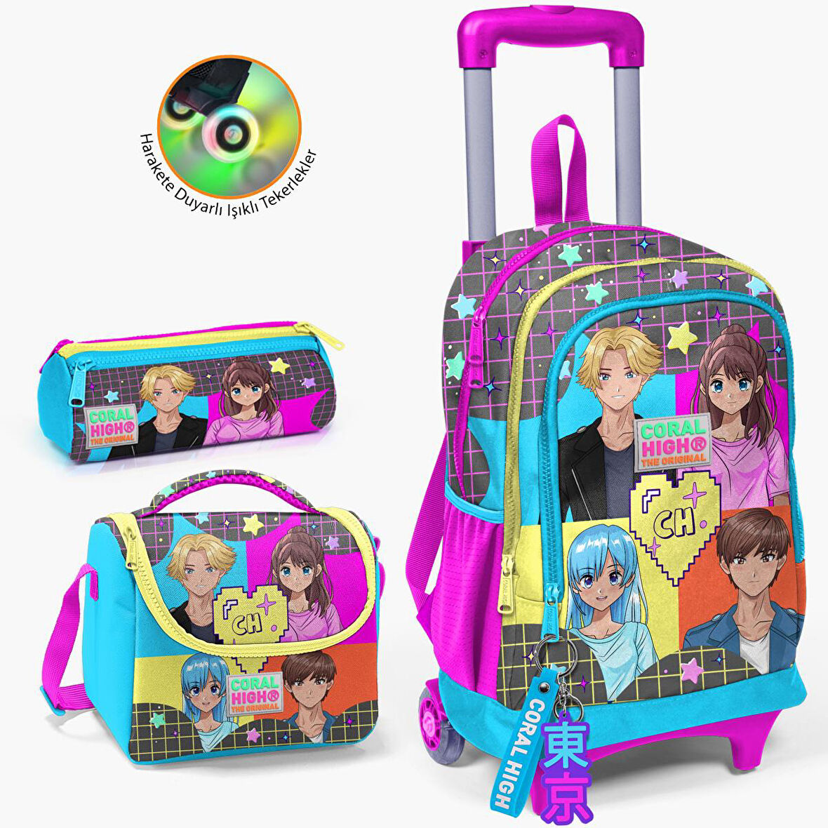 Coral High Kids Gri Mavi Pembe Anime Desenli Çekçekli 3’lü Okul Çanta Seti SET0123937