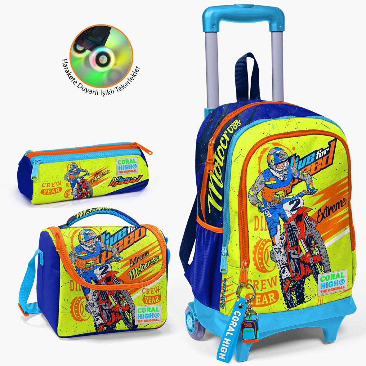 Coral High Kids Fosforlu Sarı Saks Motorsiklet Desenli Çekçekli 3'lü Çanta Seti SET0123942