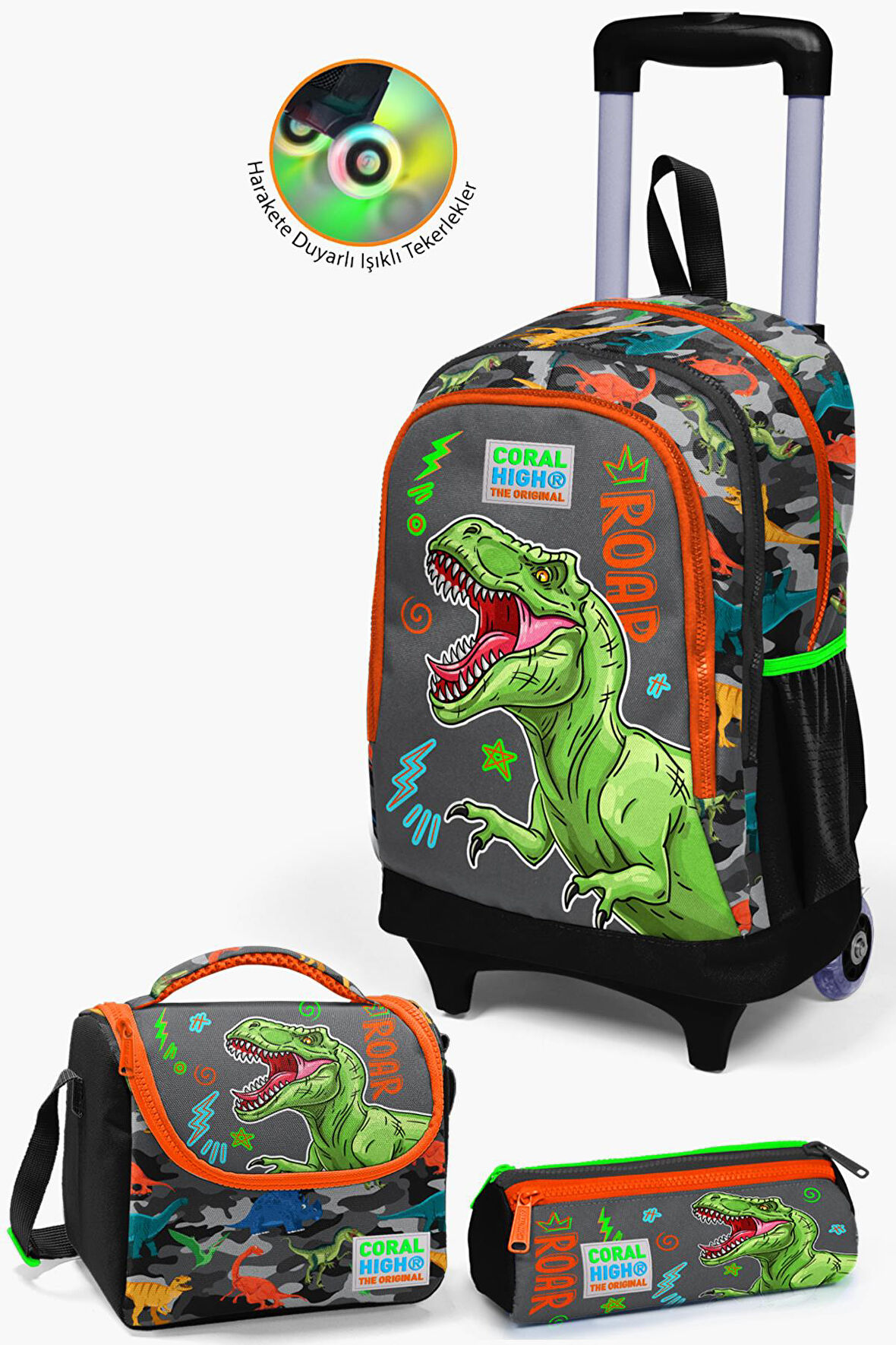 Coral High Kids Siyah Gri Dinozor Desenli Çekçekli 3'lü Çanta Seti SET0123944
