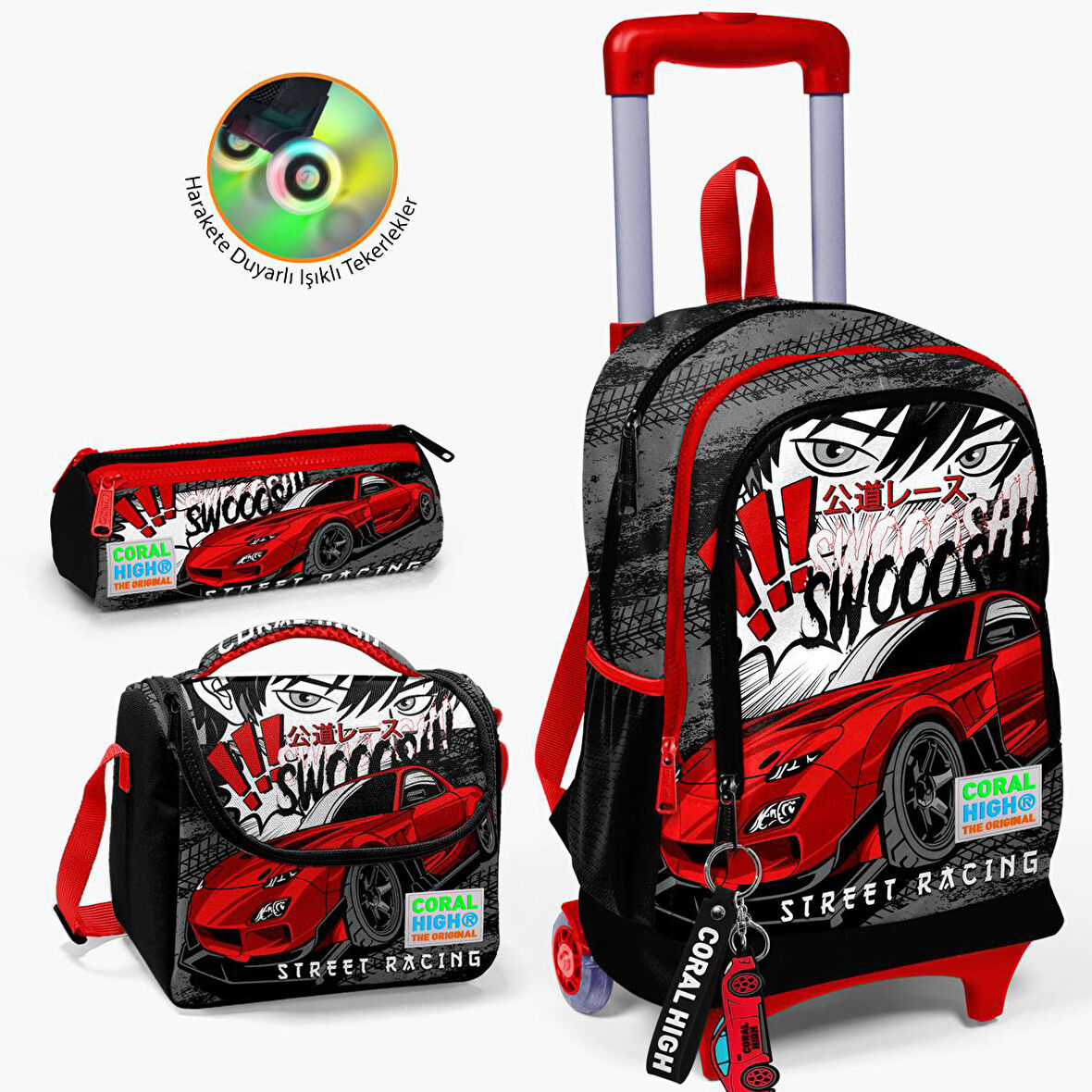 Coral High Kids Siyah Kırmızı Anime Araba Desenli Çekçekli 3'lü Çanta Seti SET0123947