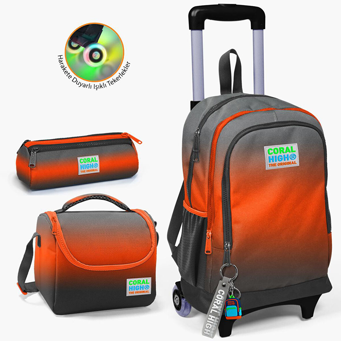 Coral High Kids Gri Turuncu Renk Geçişli Çekçekli 3'lü Çanta Seti SET0123948