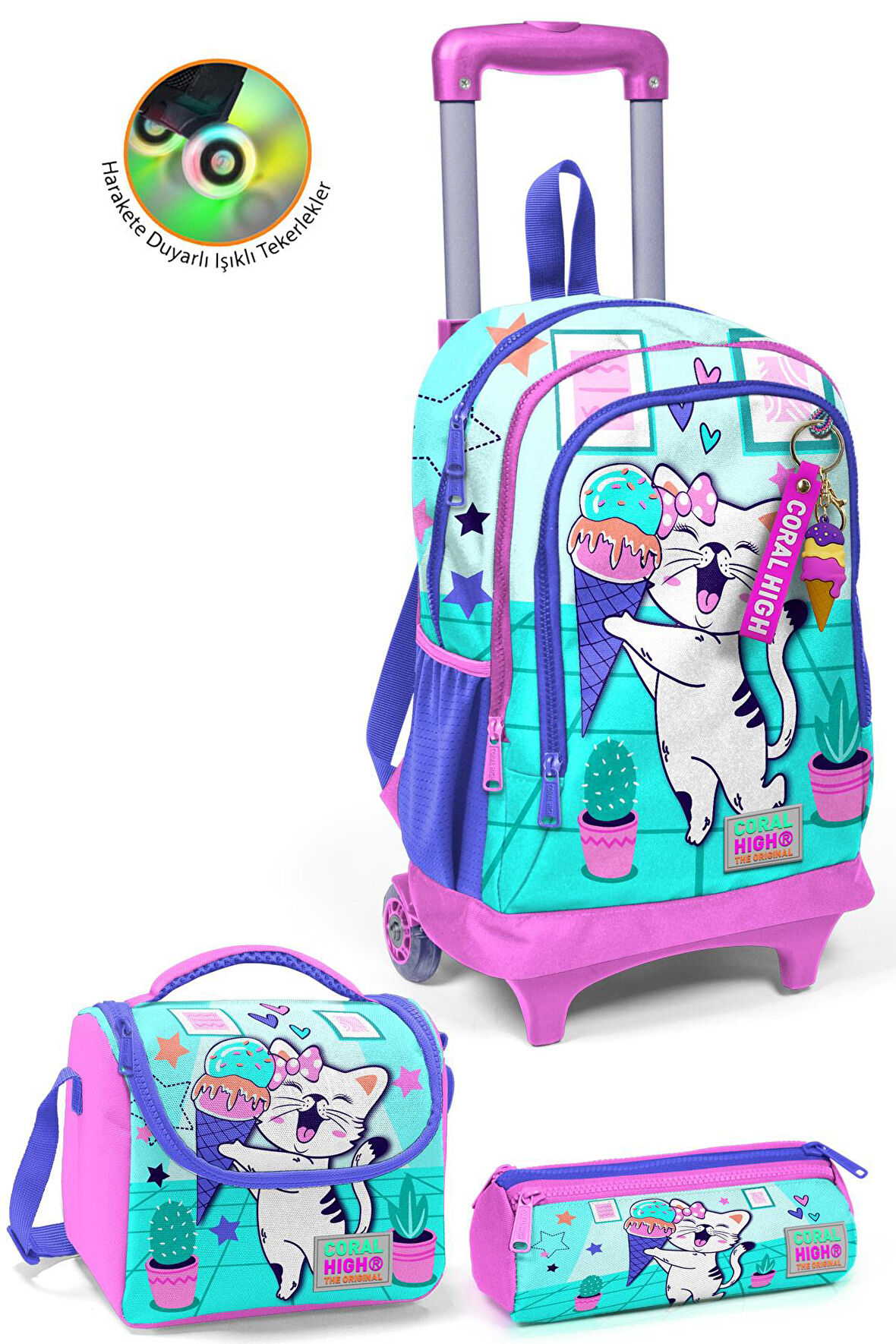 Coral High Kids Turkuaz Pembe Dondurmalı Kedi Desenli Üç Bölmeli Çekçekli 3'lü Çanta Seti SET0123951
