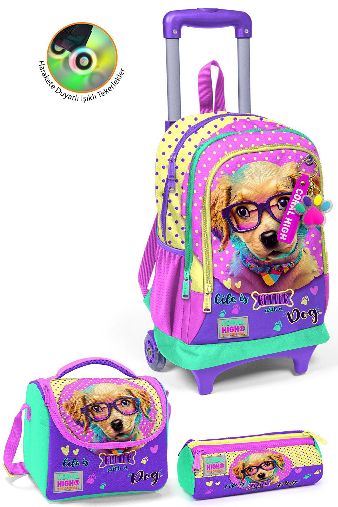 Coral High Kids Sarı Pembe Sevimli Köpek Desenli Üç Bölmeli Çekçekli 3'lü Çanta Seti SET0123952