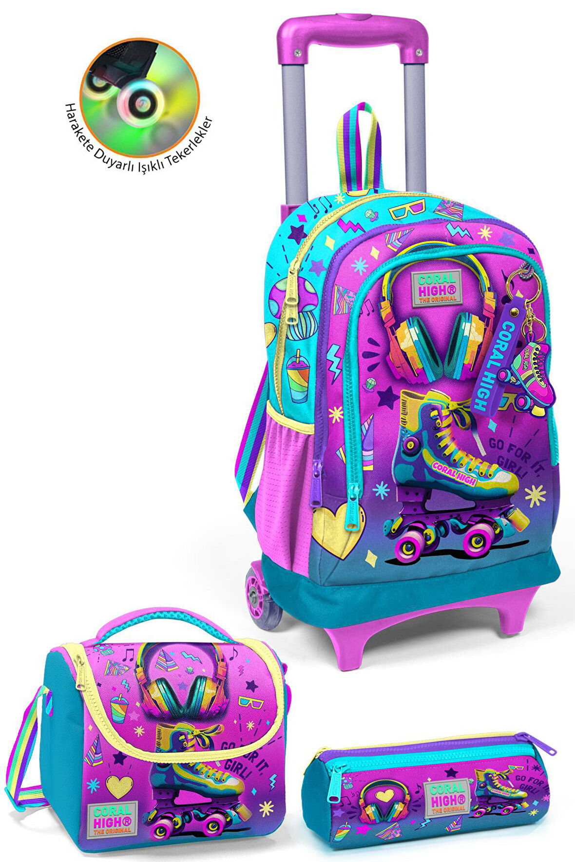Coral High Kids Pembe Turkuaz Kulaklık Paten Desenli Çekçekli 3'lü Çanta Seti SET0123954