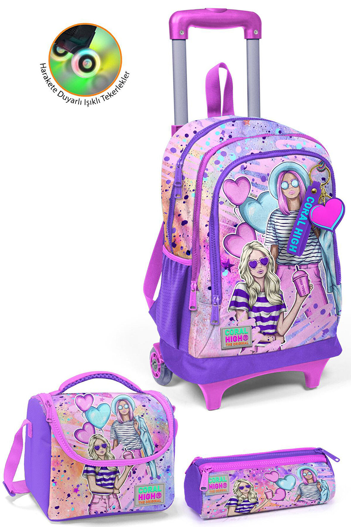 Coral High Kids Pembe Mor Fashion Girl Desenli Üç Bölmeli Çekçekli 3'lü Çanta Seti SET0123955