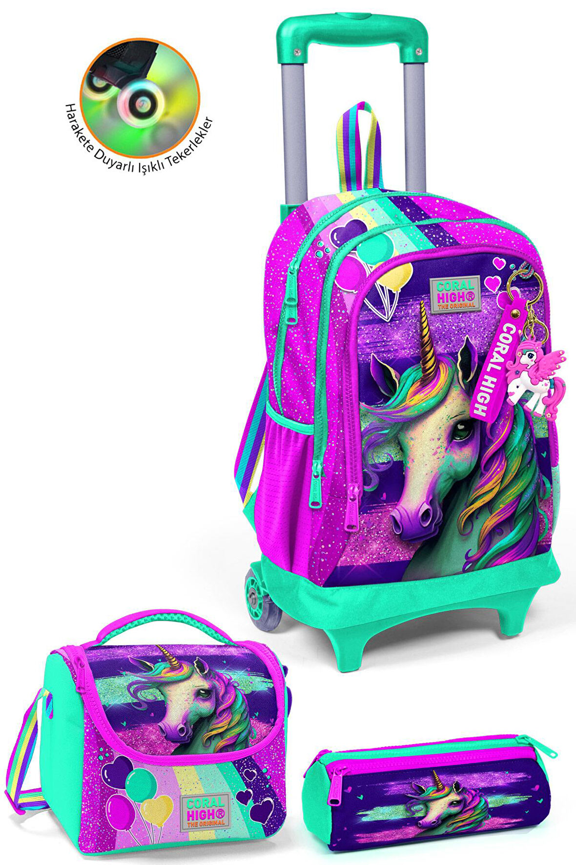 Coral High Kids Pembe Su Yeşili Unicorn Desenli Üç Bölmeli Çekçekli 3'lü Çanta Seti SET0123958