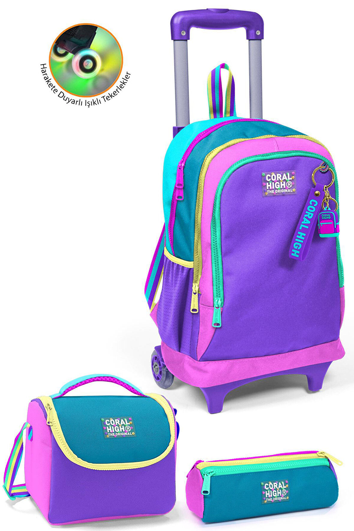 Coral High Kids Pembe Pastel Renkli Üç Bölmeli Çekçekli 3'lü Çanta Seti SET0123959