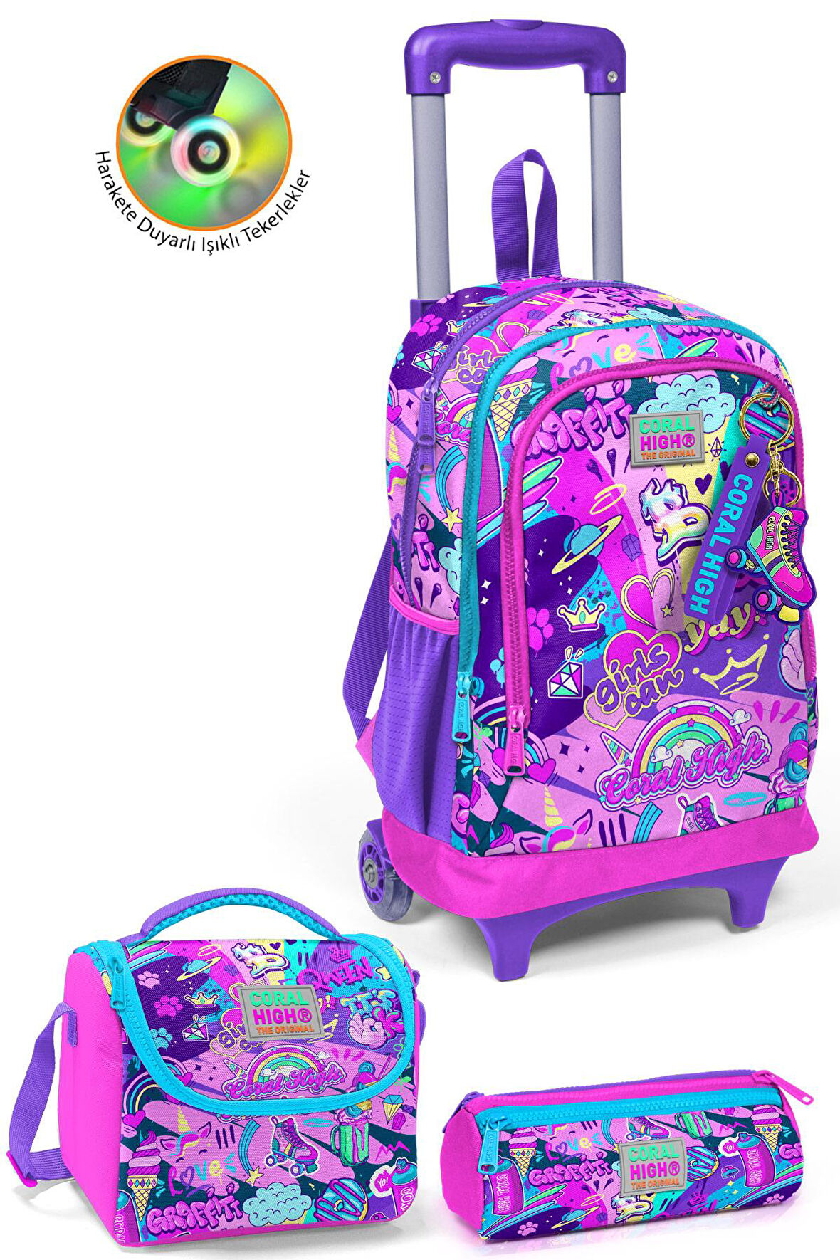 Coral High Kids Grafiti Desenli Üç Bölmeli Çekçekli 3'lü Çanta Seti SET0123960