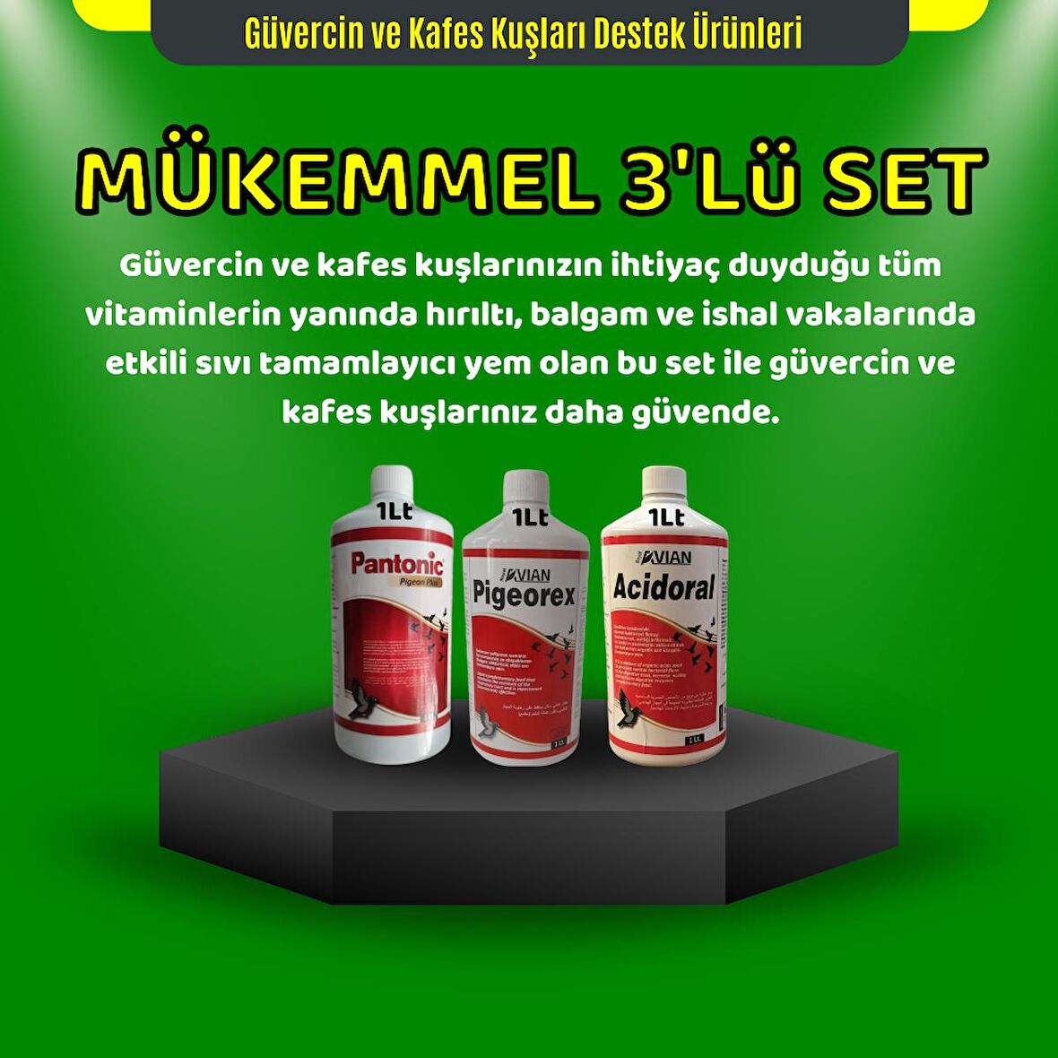 Royal İlaç Güvercin ve Kafes Kuşları İçin 1 Lt Mükemmel Üçlü Set (Acidoral+Pigeorex+Pantonic)