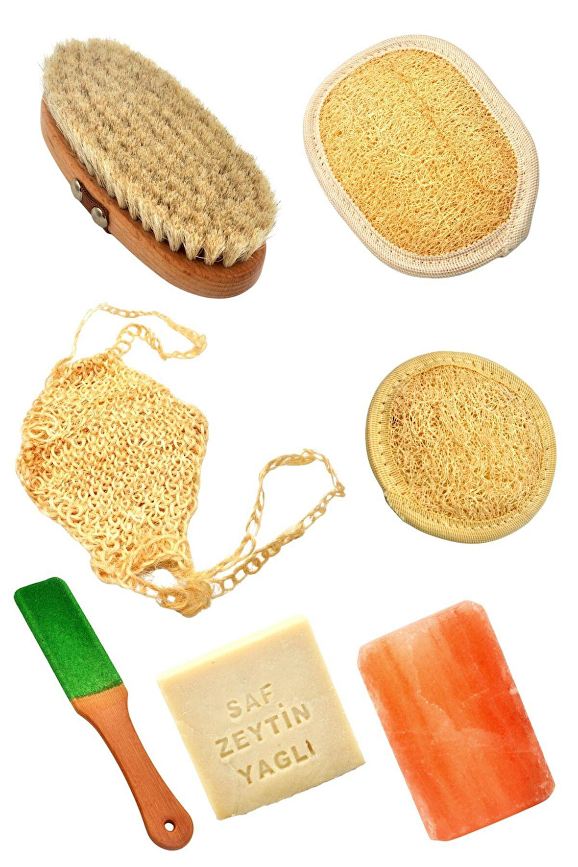 7'li Kişisel Bakım ve Banyo Seti (Kabak Lif + Sabun + At Kılı Fırçası + Tuz Sabunu + Topuk Törpüsü)