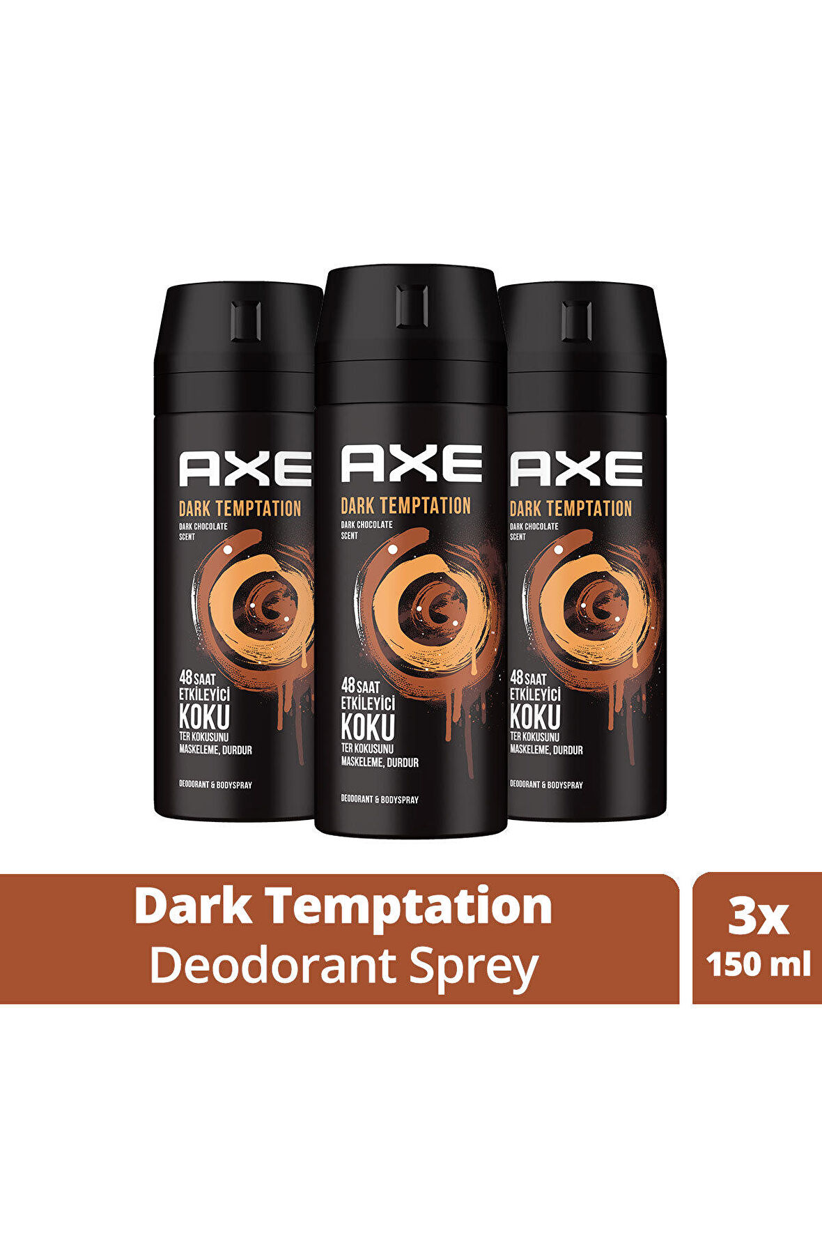 Axe Erkek Deodorant & Bodyspray Dark Temptation 48 Saat Etkileyici Koku Vücut Spreyi 150 ml X3 Adet