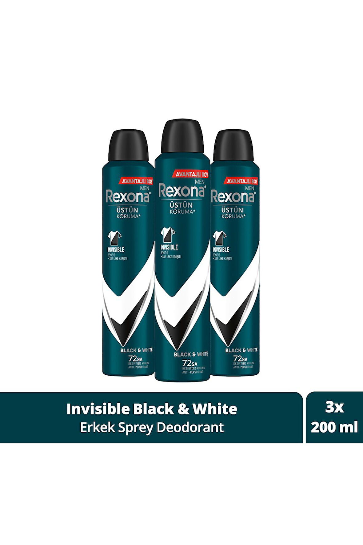 Rexona Men Invisible Black & White 72 Saat Erkek Sprey Deodorant 3 x 150 ML