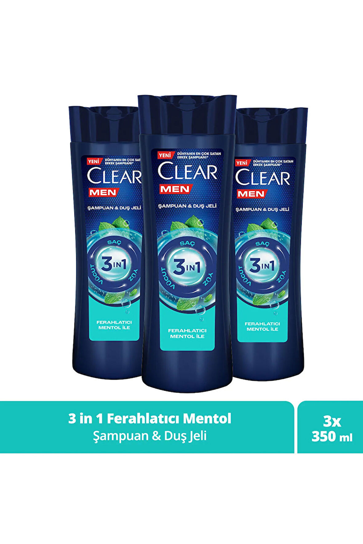 Clear Men 3 in 1 Şampuan & Duş Jeli Ferahlatıcı Mentol 350 ml x3