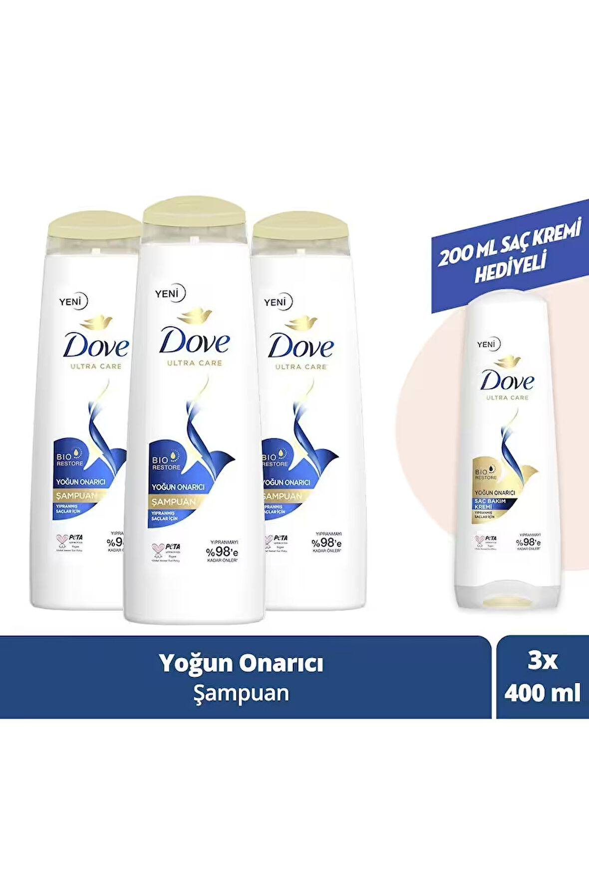 Dove Saç Bakım Şampuanı Yoğun Onarıcı Yıpranmış Saçlar İçin 400 ml x3