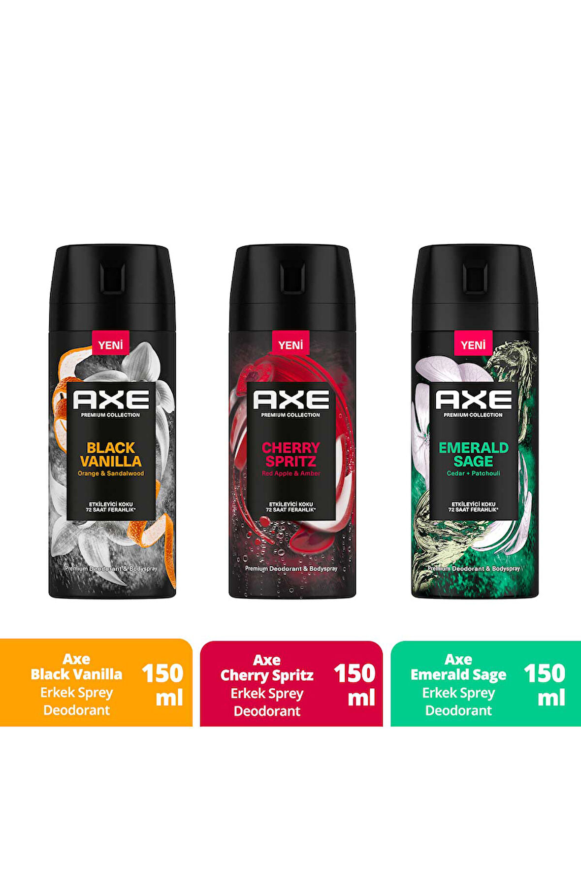 Axe Erkek Sprey Deodorant Cherry Spritz 150 ml + Black Vanilla 150 ml + Emerald Sage 150 ml