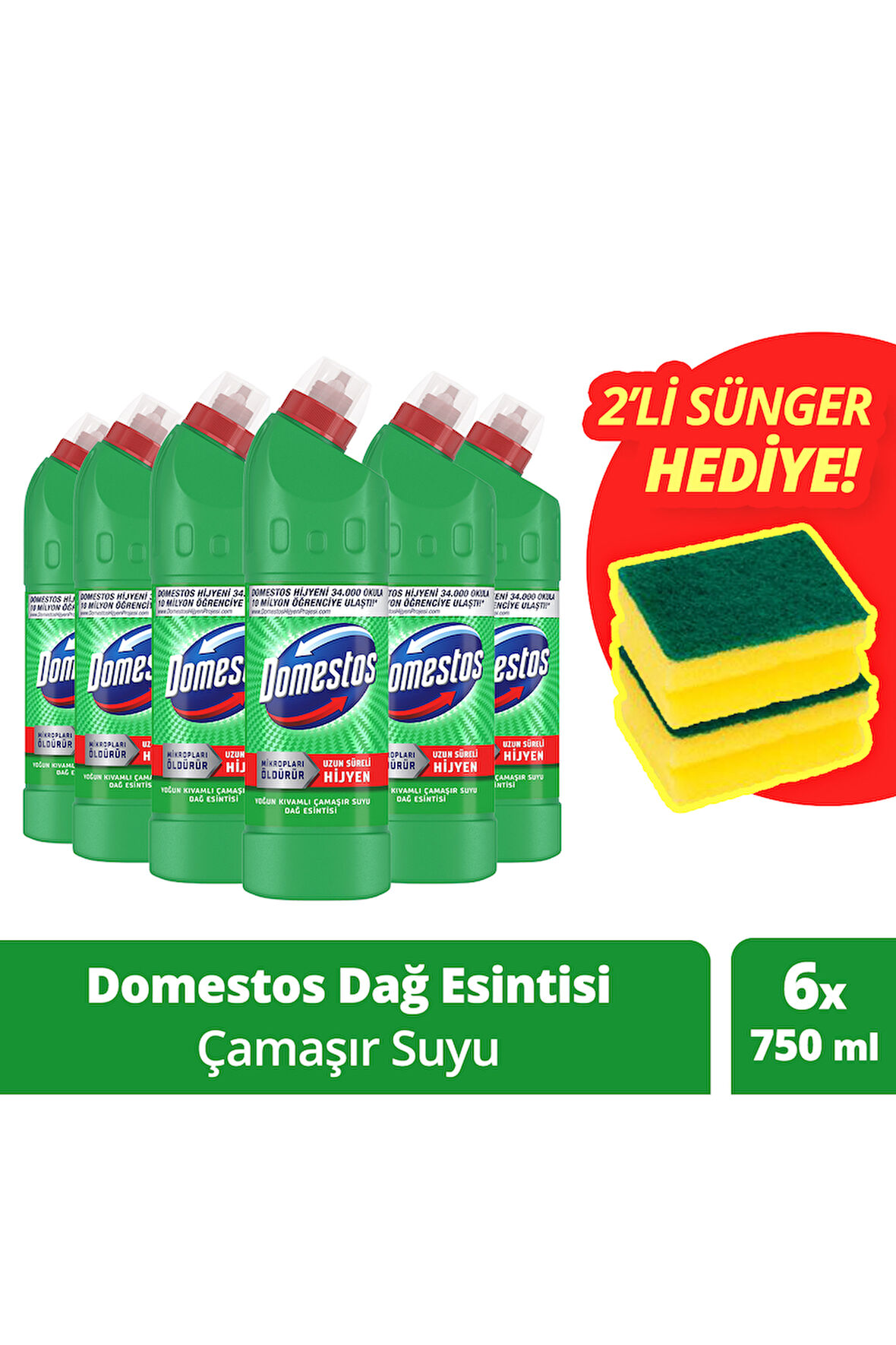 Domestos Çamaşır Suyu Dağ Esintisi 750 mlx6 + Sünger 1 Adet