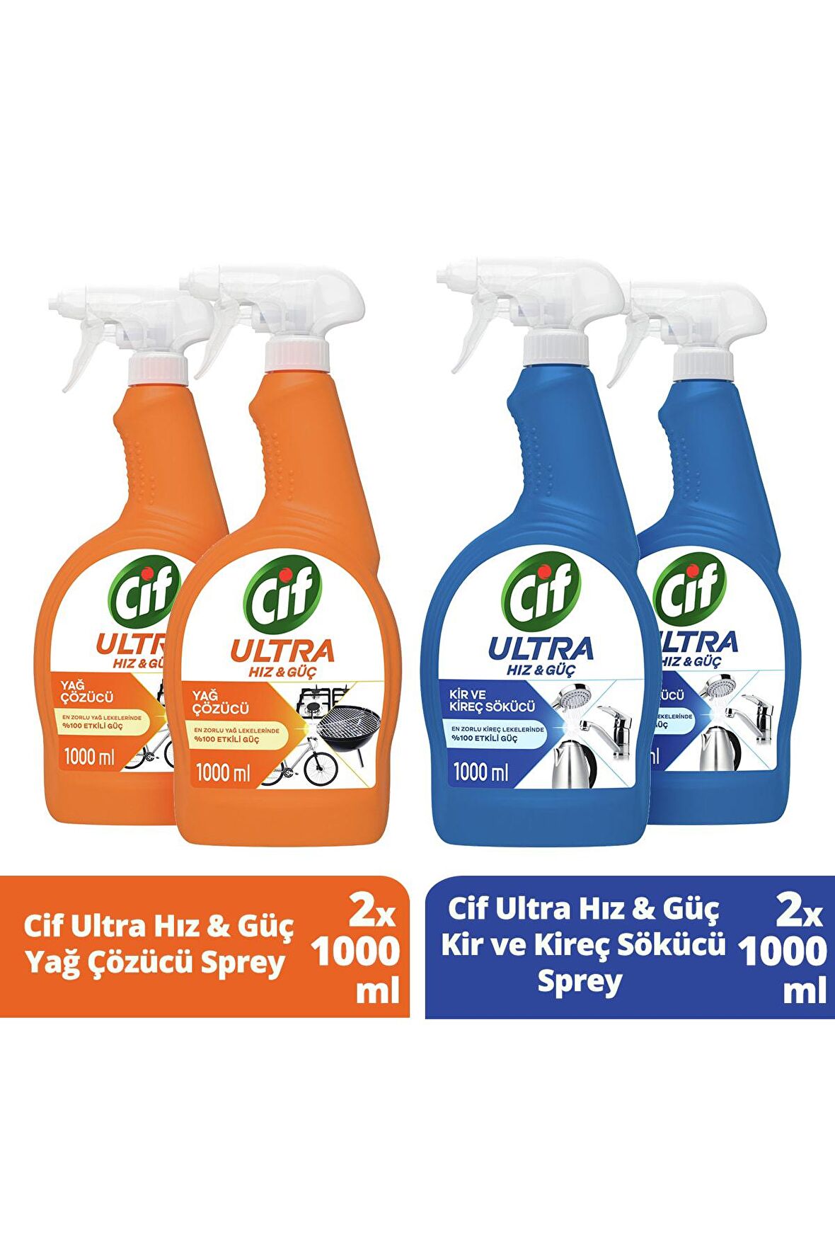 Cif Ultra Hız & Güç Yağ Çözücü Sprey 1000 ml Leke ve Kir Çıkarıcı x2 + Kireç Sökücü Sprey 1000 ml x2